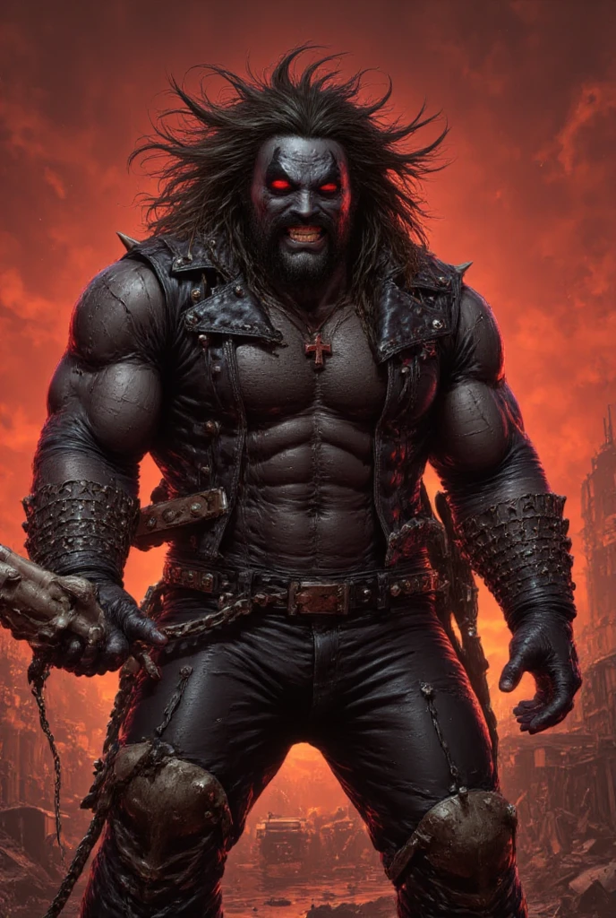 A gritty and intense portrait of Jason Momoa as Lobo from DC Comics, set in a post-apocalyptic wasteland. Lobo is standing confidently with his signature cigar in mouth, holding his massive shotgun, and wearing his iconic biker gear complete with a spiked helmet and leather jacket. The background features a desolate landscape with ruined buildings, abandoned vehicles, and a fiery sky. The photo is captured with a Sony A7R IV using a 35mm f/1.4 lens, providing a wide angle to include the expansive environment while keeping Lobo sharply in focus. The lighting is harsh and dramatic, with strong contrasts and deep shadows, emphasizing Lobo's rugged and intimidating presence. The colors are muted and earthy, with a focus on the reds and oranges of the apocalyptic setting.
