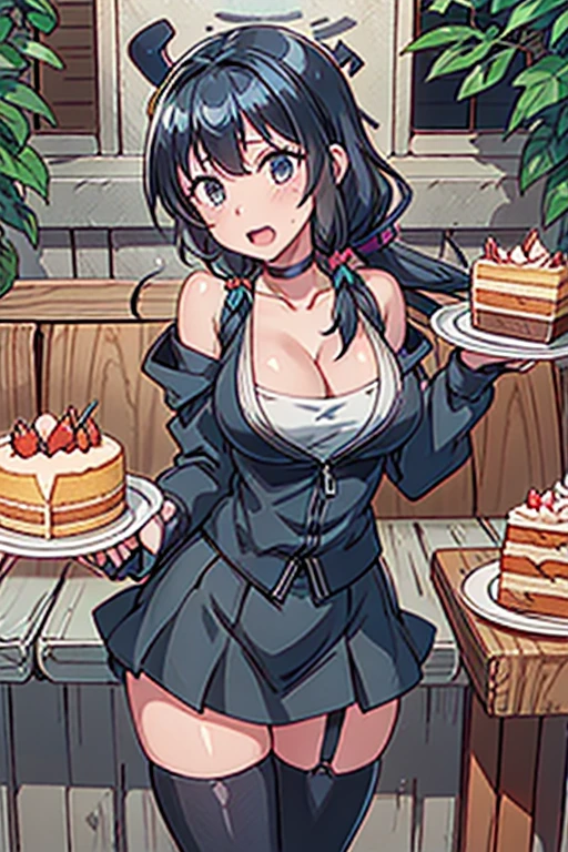 1 girl, small nose, very beautiful detailed face and eyes, bright colors, cute face, delicate beautiful face, Bright magenta eyes, cute eyes, sparkling eyes, Big eyes, (big breasts:1.3), (perky chest:1.1), (pointed chest:1.0), (cake magazine cover:1.3)，highest quality, WorKs of masters, High resolution,BlacK color hair，shiny hair, side ponytail,hair between eyes,bangs, (black jacket, real clothes, cleavage, black skirts, black thighhighs, thigh strap, fingerless gloves, single glove:1.2) , spread legs, panties shot, medium hips, glamorous body, white skin, smile, thin pubric hair, super beautiful face, Super beautiful eyes, Super beautiful hair，trendy outfit，sexy and attractive,full body esbian, Real World, Natural light,perfect Natural light,(with sparkling eyes and a contagious smile), This masterpiece is not only visually stunning but also tells, make of cake cooking , in the kitchen, open mouth, looking at viewer, 