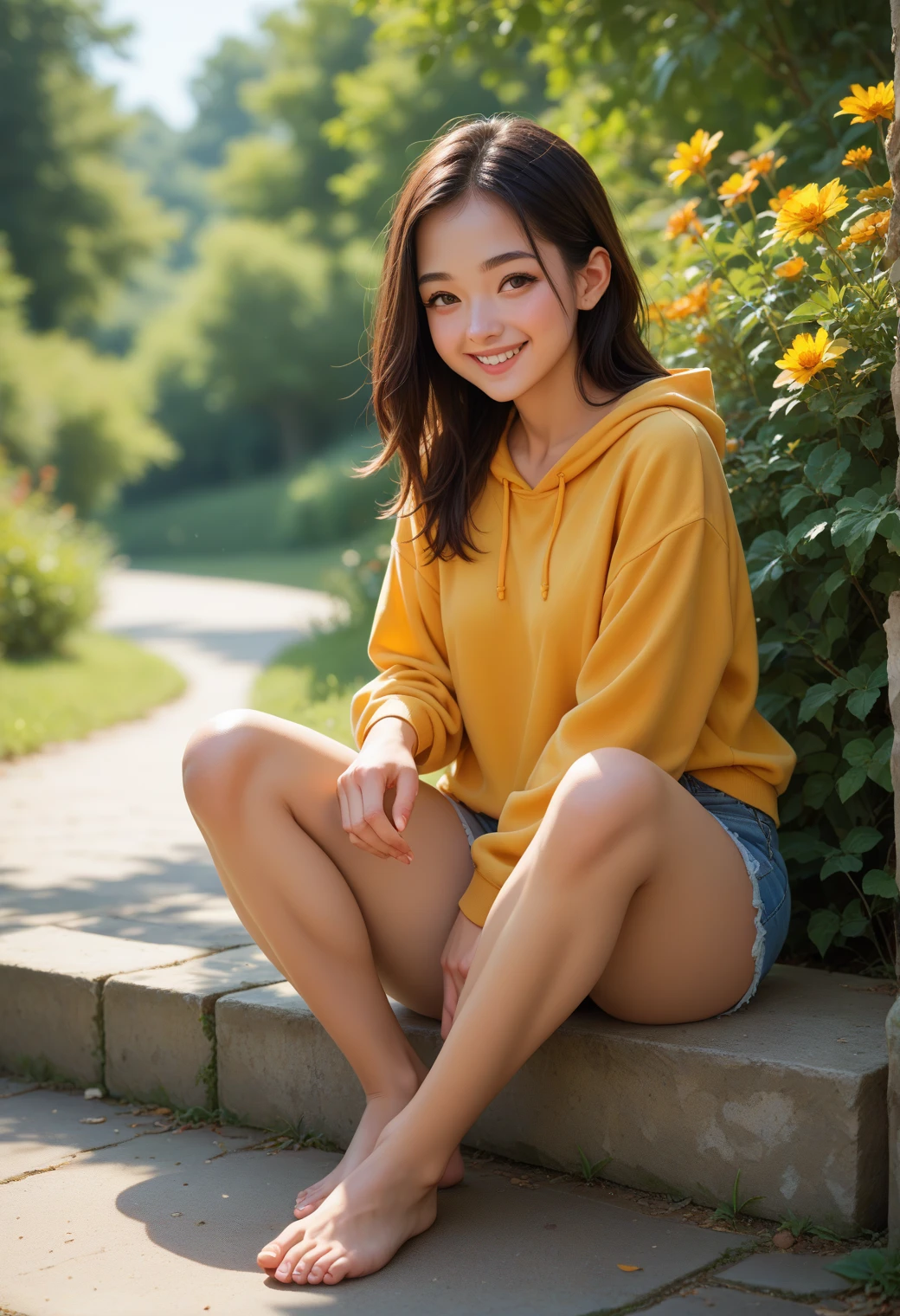 amber5star, full body, sitting, smile, blush, outdoors, day, simple background,