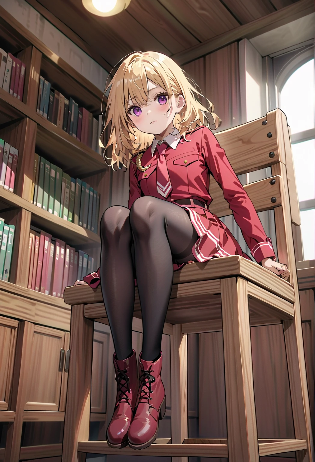  high image quality 、masterpiece、  High Quality   、Full HD、4K 、Take a full-body photo、 view from below、 Golden Hair 、 、 semi-long 、 purple eyes、Cat Eyes、blush、 Danger Emoticons、Estrus、 slim、 flat chest、blush、Library、Sit on a large wooden chair、 Black Tights 、 brown long boots up to the knee、Red Uniform、 red tie、 red skirt 