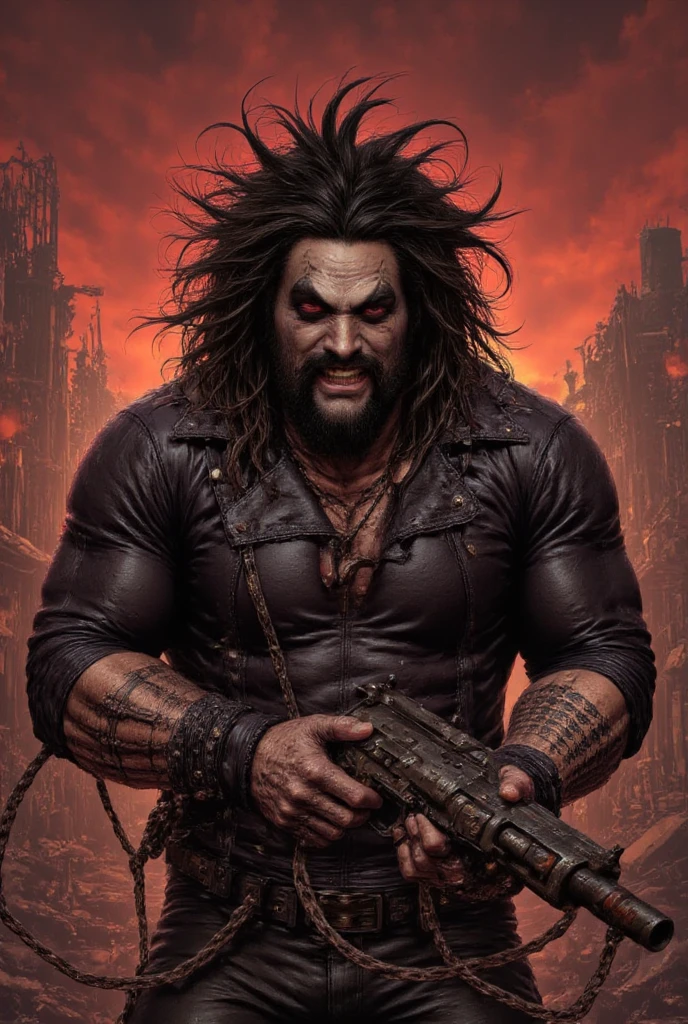 A gritty and intense portrait of Jason Momoa as Lobo from DC Comics, set in a post-apocalyptic wasteland. Lobo is standing confidently with his signature cigar in mouth, holding his massive shotgun, and wearing his iconic biker gear complete with a spiked helmet and leather jacket. The background features a desolate landscape with ruined buildings, abandoned vehicles, and a fiery sky. The photo is captured with a Sony A7R IV using a 35mm f/1.4 lens, providing a wide angle to include the expansive environment while keeping Lobo sharply in focus. The lighting is harsh and dramatic, with strong contrasts and deep shadows, emphasizing Lobo's rugged and intimidating presence. The colors are muted and earthy, with a focus on the reds and oranges of the apocalyptic setting.
