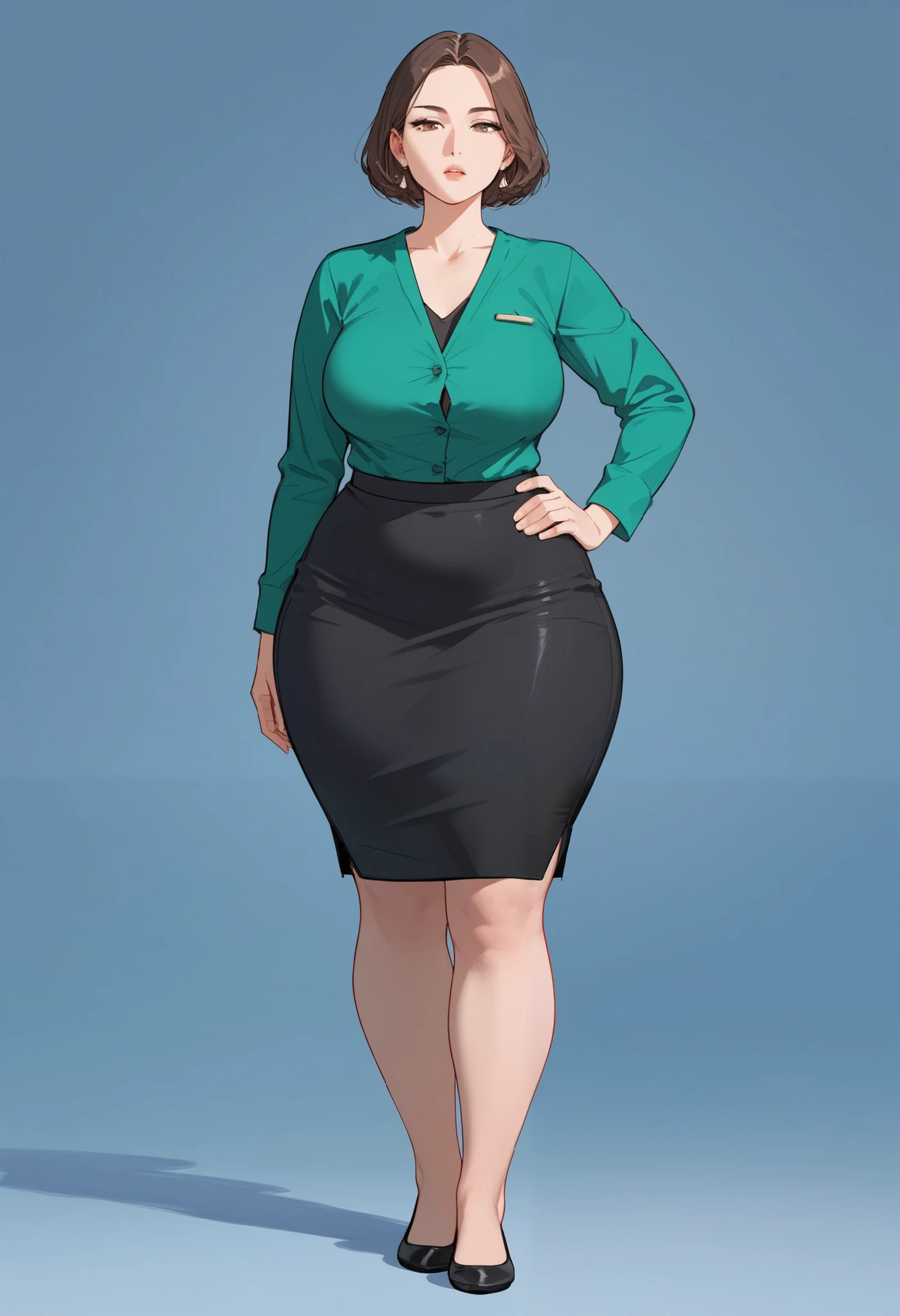 (score_9,score_8_up,score_7_up), short legs, 1lady, mature female,middle-aged woman, milf, adult woman, 60 years old, very short hair, exposed forehead, hair away from forehead, brown hair, big forehead, long bob hairstyle, green button up casual blouse, short sleeved blouse, tight long pencil skirt, very long skirt, long black pencil skirt, half lidded eyes, hand on hip, blank expression, pale, thick thighs, ballerina flats shoes, black footwear, wide hips, standing upright, full body shown, thick legs, massive thighs, older woman,voluptuous, hourglass bodyfigure, facing forward, detailed face, staring, long fingernails, natural nails