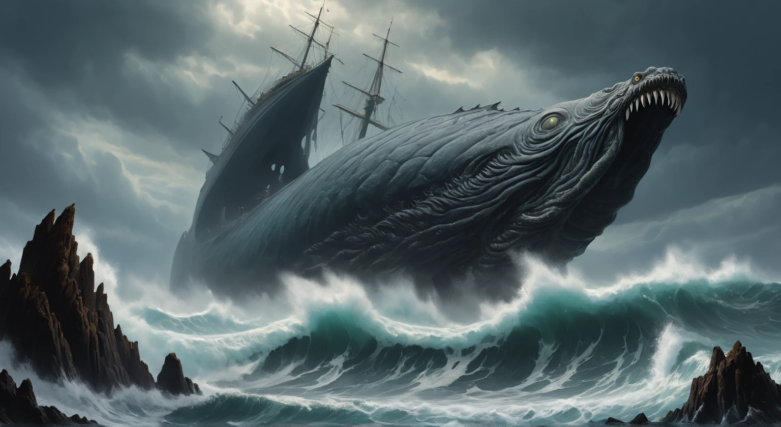 ( A huge cedar rises ), ( in the water in front of a sailing ship among waves and rocks (Leviathan stands , huge creature chthonic long body covered with scales,  elongated snout, many eyes:1.8)) , ( black contrasting water ) , ( huge toothy mouth among the waves in the sea :1.5), (Charybdis among the waves :1.2) , ( a whirlpool in huge fangs along the edges in the middle of the sea , leviathan creature in the sea :1.6) ,  ( a huge cedar grows on the plateau :1.2),  lost in the clouds    ,  (white mist spreads  ),     high black plateau with steep steep slopes above the stormy sea) ,  ( Fighting the elements ),   moss grows on top of a plateau   ,  lots of air      , cliff, the waves of the sea are raging      ,     (  the sky before the thunderstorm   )   ,  (  heavy clouds before a thunderstorm  ) , ( a dark cave under the plateau ),  frightening scary sky  , (storm on the water  ), (  huge waves  ), (  light through the clouds    )  ,    (  reflections in water  )    ,  [ view from under the arches of the cave ],      The Abyss of the Dark Sea      , 4K, concept art, fantasy, blue tones,   ( highest detail),   ( Lots of Details ), ( high quality,  masterpiece fails),  very detailed oil painting     ,  Aivazovsky style  ,     Высокий View from afar    , ( top view) , ( dynamic cinematic composition ) , (View from afar), ( closed composition ), ( aerial view from afar :1.3).
