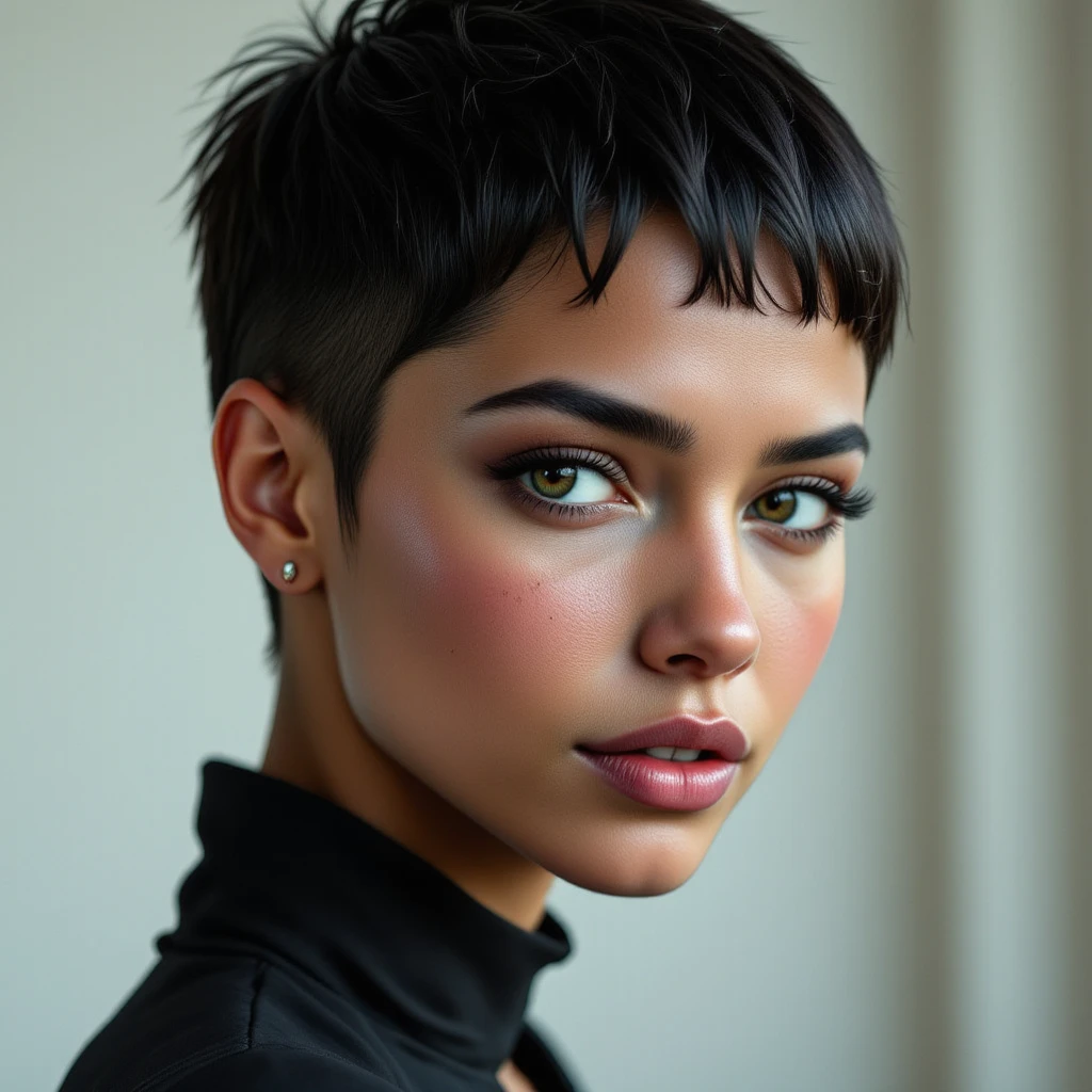 young woman, short, brown skin, pixie cut black hair, cute, slutty. Crew Cut 