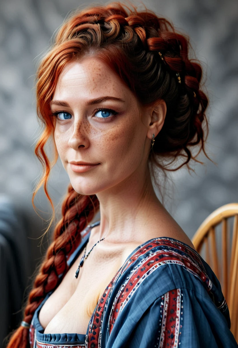  Portrait of a beautiful Norwegian woman , and,  big boobs,  intricate dress , soft smile, natural lips,  long red hair with shaved sides , some braids and some dreads ,  gray-blue eyes , realism,  digital painting ,  conceptual art, suave,  sharp focus,  rule of thirds, Psycho-Style