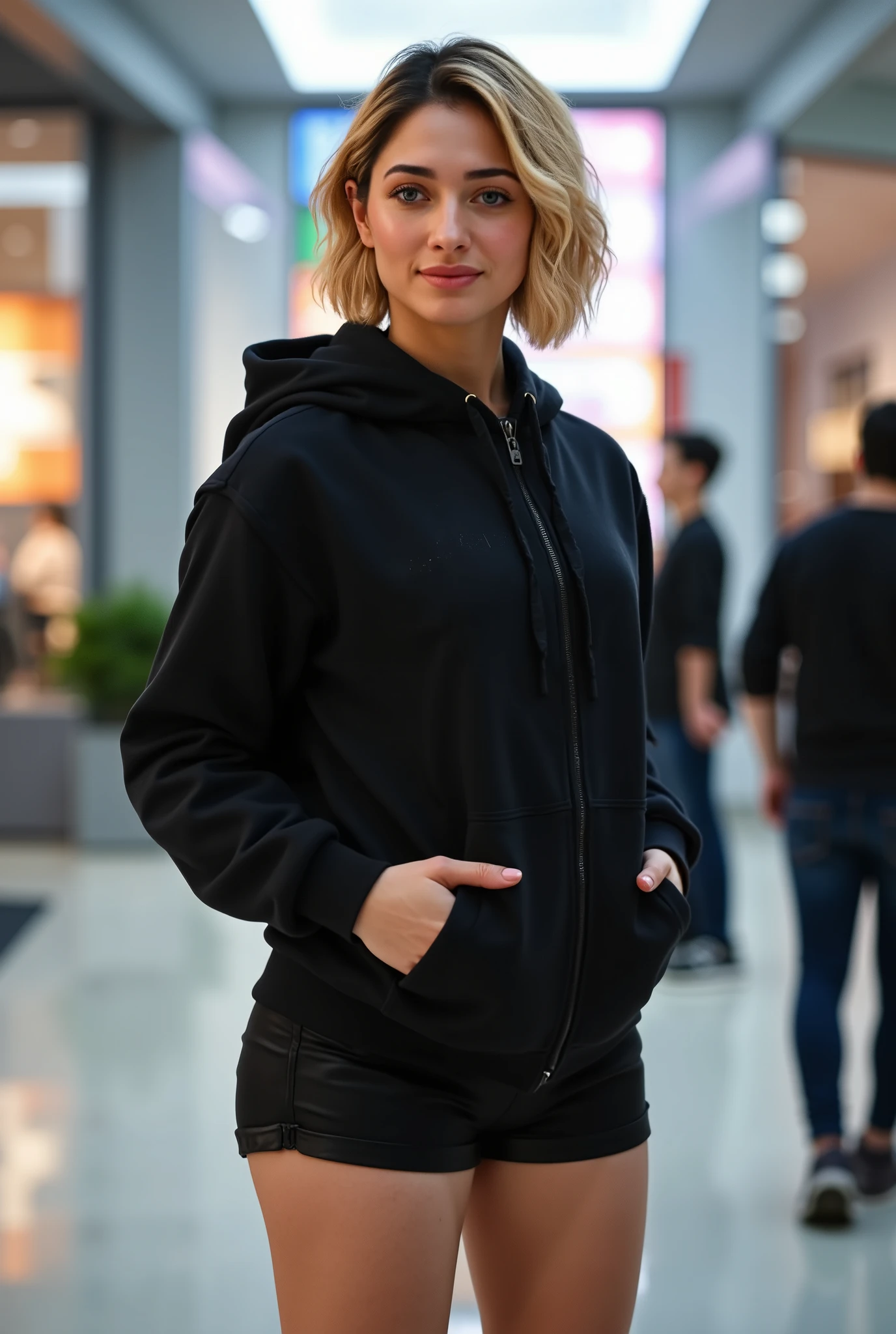 Create an 8K photorealistic image of Tamannaah, activated by the keyword 'tamanna', portrayed as a confident cosplay enthusiast. She features blond bob hair that contrasts her dark skin tone, paired with blue eyes and a radiant smile, directly engaging the viewer with a slight head tilt to one side. Adorned in a black hoodie zipped up, black shorts, dark high-cut sneakers, and black ankle socks, she exudes style and assurance. Standing with her body turned slightly to the left and facing the camera, she maintains a poised stance with one hand casually in her pocket and shoulders squared back. The image seamlessly blends realistic textures with anime-inspired elements, highlighting ultra-detailed eyes and features, set against a clean, well-lit background with subtle bokeh effects to emphasize her presence. The rendering should achieve masterpiece quality, employing high dynamic range lighting, vivid colors, and physically accurate shading for an ultra-realistic appearance. Negative Prompt: avoid overly photoshopped looks, unrealistic lighting, grainy texture, blurry focus, unnatural poses, and inappropriate expressions.