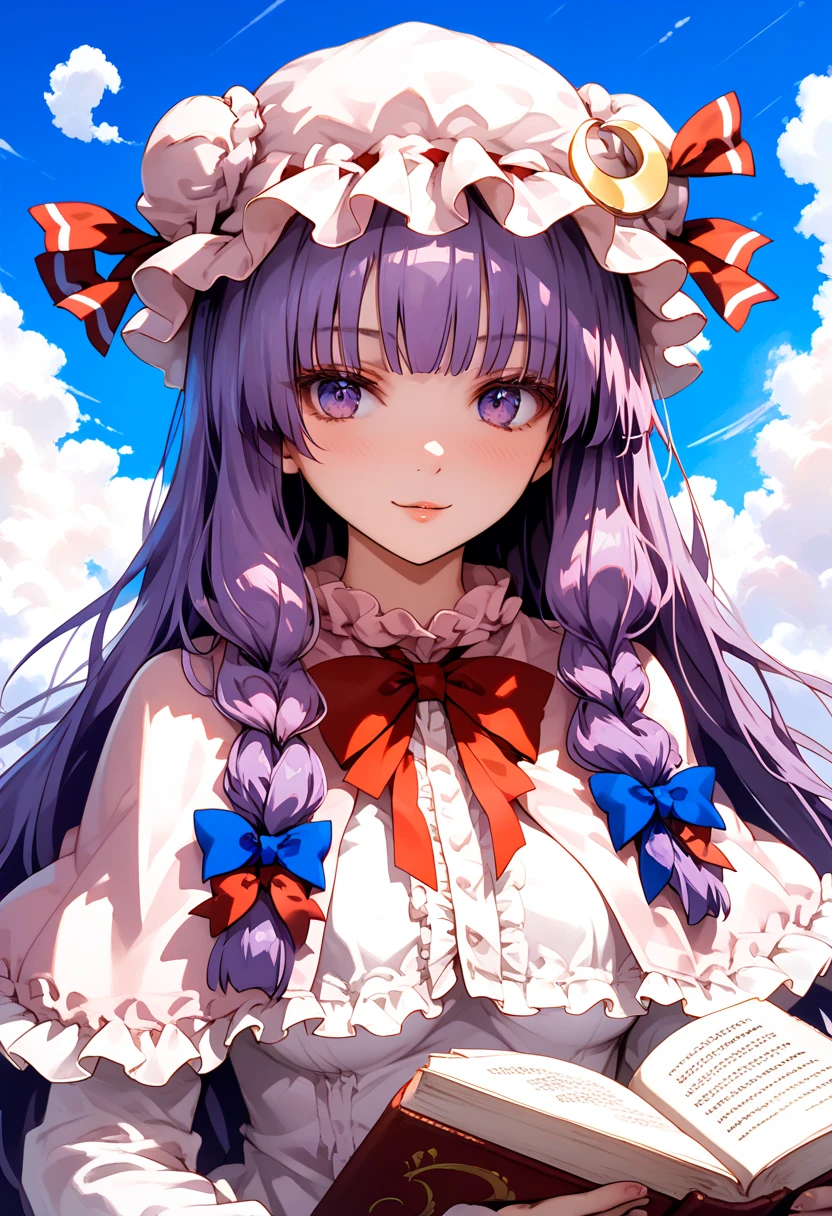 best quality, masterpiece, highres, solo, {patchouli_knowledge_touhou:1.15}, long_hair, purple_hair, crescent, purple_eyes, ribbon, hat, bow, bangs, mob_cap, hat_ornament, crescent_hat_ornament, hair_bow, red_bow, blue_bow, upper_body, book, red_ribbon, capelet, hat_ribbon, striped, very_long_hair, 1girl, crescent_hair_ornament, hair_ornament, looking_at_viewer, double_bun, hair_bun, no_headwear, hair_ribbon, long_sleeves, blush, dress