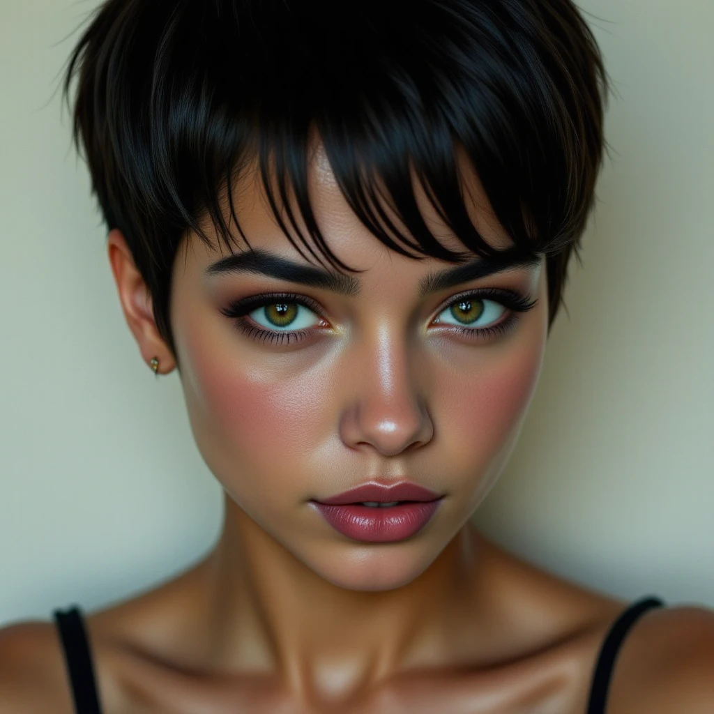 young woman, short, brown skin, pixie cut black hair, green eyes, cute, slutty. Crew Cut 