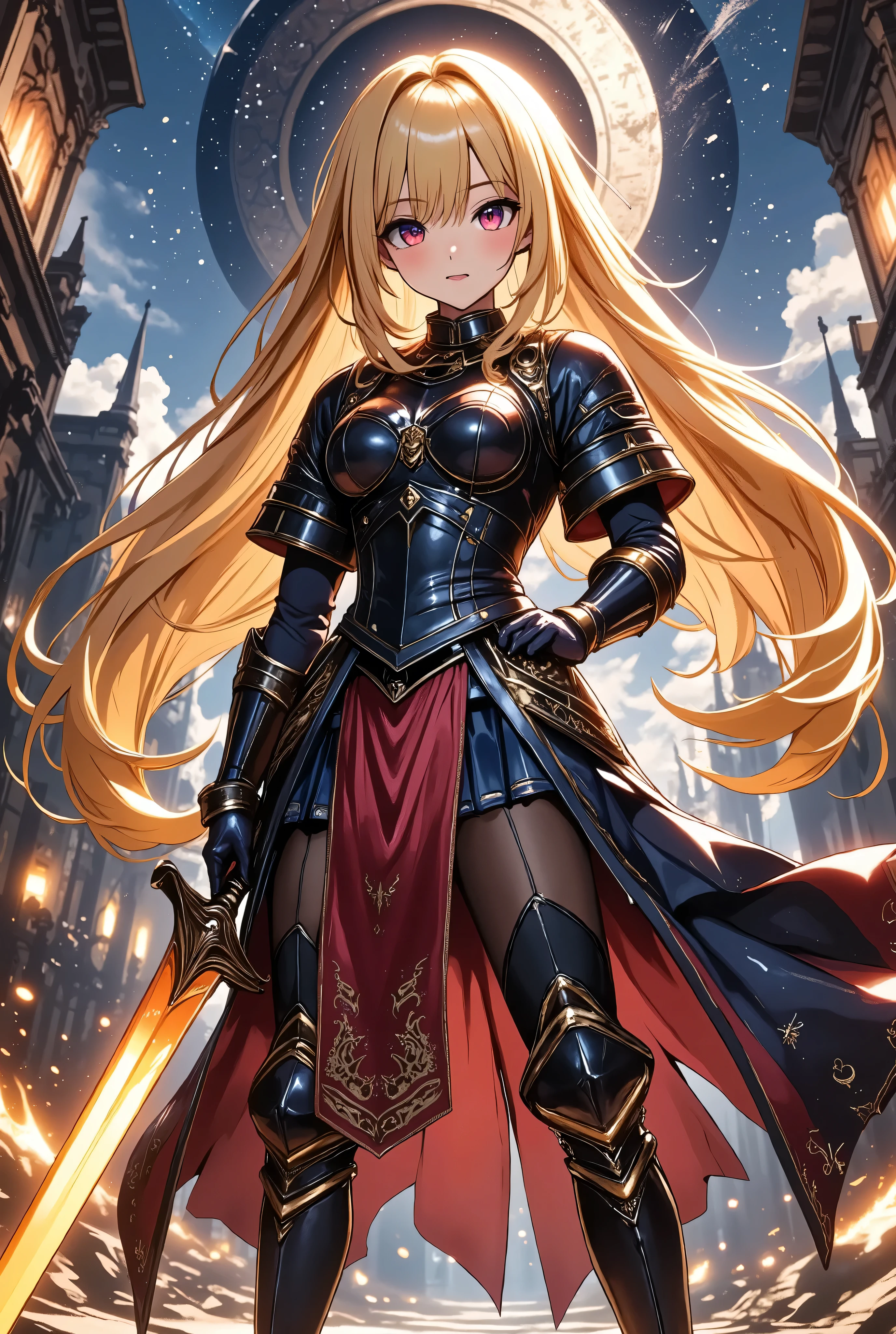  1 girl　+Master Swordsman　+ hold the sword　+Overwhelm Enemies 　+ninja　+Sengoku Warlord Armor　+The big picture　+Yellow Hair　+The dignity of the general　+Glossy tanned skin　+Magical sword that glows orange、
Battlefield　+ Night Sakura　+ Sword Effects