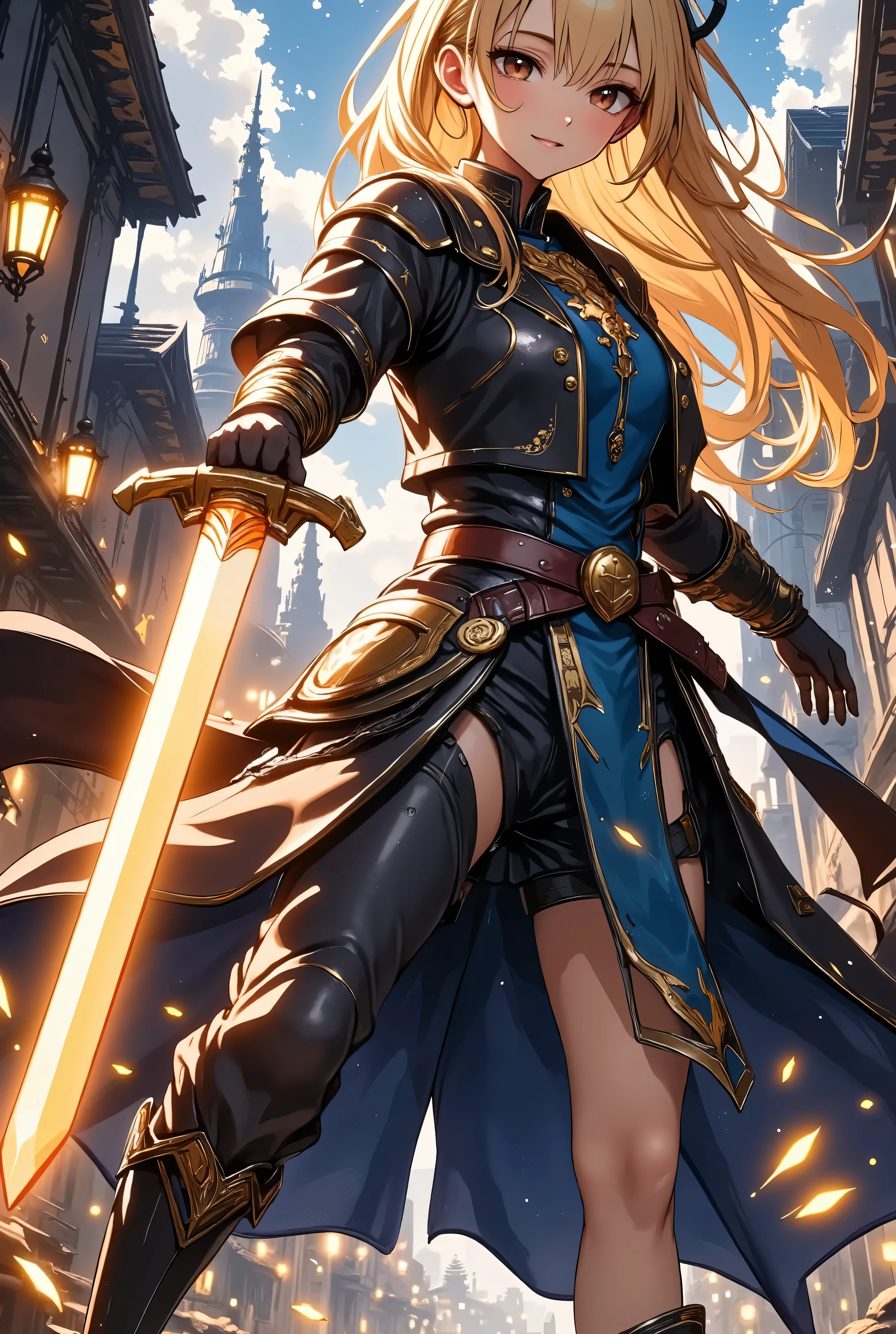  1 girl　+Master Swordsman　+ hold the sword　+Overwhelm Enemies 　+ninja　+Sengoku Warlord Armor　+The big picture　+Yellow Hair　+The dignity of the general　+Glossy tanned skin　+Magical sword that glows orange、
Battlefield　+ Night Sakura　+ Sword Effects