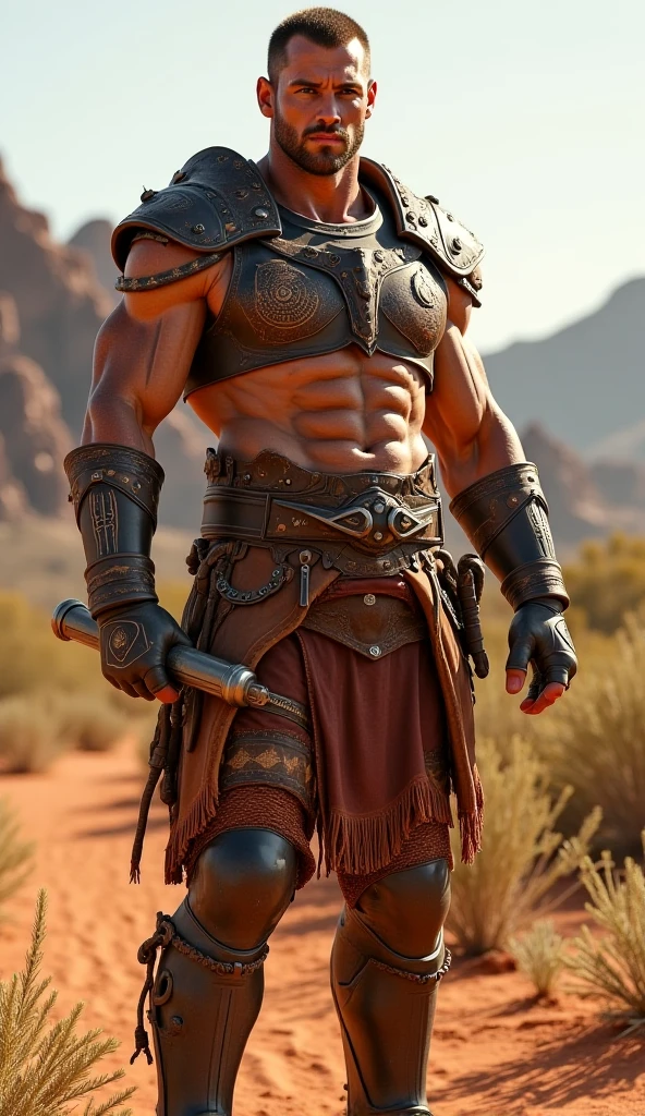 Solo Sexy anthro furry lion male mercenary medieval solider, slim endomorph muscular handsone model male apperance, headband, sword scars, worn out rusty skimpy armament, low on hips heavy leather belt, old very worn out skimpy dirty linen material jockstrap, old yellow dirty worn out stains on white jockstrap, studded skimpy armlets breastplate armor, skimpy breastplate, leather bondages, fingerless leather gloves, smelly unwashed furr, dirty body look, desert battlefield, standing in sexy fighting position, close view of full character