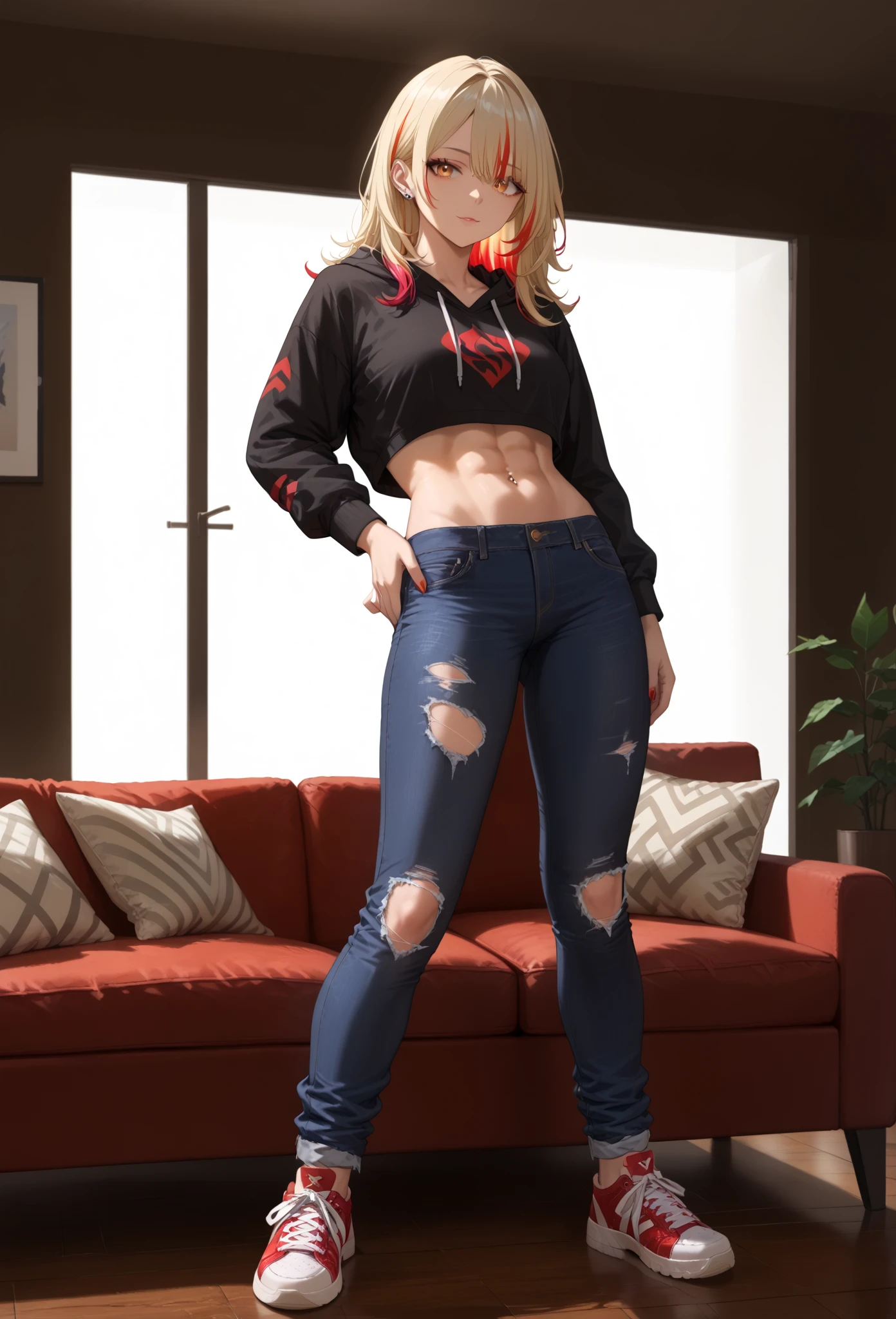 1girl, multicolored_hair, blond_hair,(blond_hair: 1.2), (red_hair_highlights: 1.5), piercing_amber_eyes, wearing_a_cropped_black_hoodie_with_flame_logo, toned_abs_visible, ripped_jeans, sneakers, standing_in_a_dorm_room_with_scattered_bags_and_laptops, casual_pose_with_one_hand_on_hip,leaning_against_couch, zoomed_on_girl, detailed_face_detailed_body, detailed_hands