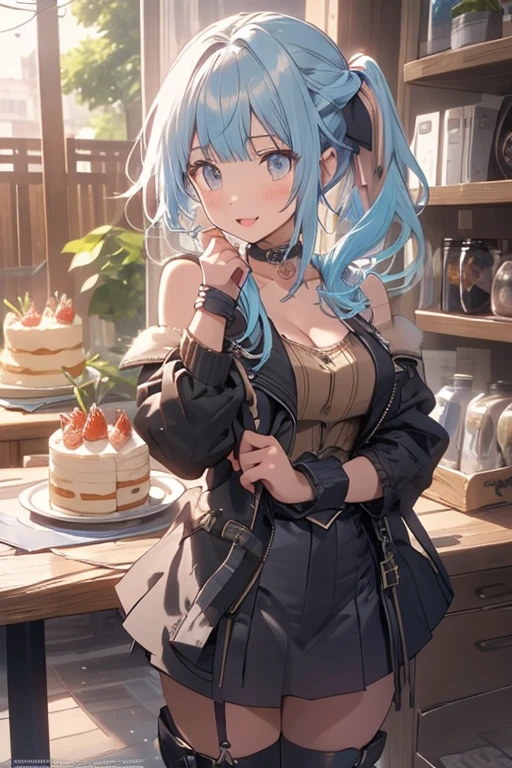 (from below:1.2),(from side:0.9), ((beautiful Face)), (Close-Up:0.6), ((looking at viewer, holding a icecream)),(Italian sweets magazine cover:1.4), highest quality、(real、photorealistic:1.5),(ultra high resolution,dark blue hair,long hair,side ponytail,hair between eyes,bangs, (beret, black jacket, open clothes, cleavage, midriff, black perfect mini skirt, black thighhighs, thigh strap, fingerless gloves, single glove:1.2), (double breasted,under bust:1.2), sitting at a table, cute, anime visual of a cute girl, cute anime girl, eating cakes, young anime girl, guweiz, high quality anime artstyle, anime girl, artwork in the style of guweiz, beautiful anime girl, pretty anime girl, (anime girl), official artwork,(with sparkling eyes and a contagious smile),her thin pubic hair, looking at viewer, pose muy sexy"
