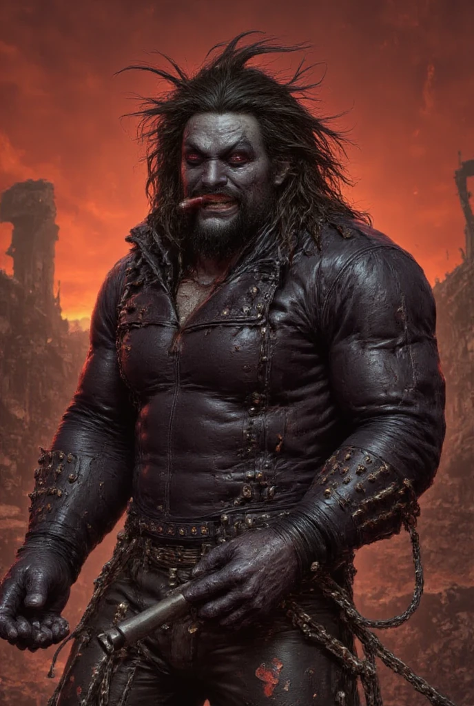 A gritty and intense portrait of Jason Momoa as Lobo from DC Comics, set in a post-apocalyptic wasteland. Lobo is standing confidently with his signature cigar in mouth, holding his massive shotgun, and wearing his iconic biker gear complete with a spiked helmet and leather jacket. The background features a desolate landscape with ruined buildings, abandoned vehicles, and a fiery sky. The photo is captured with a Sony A7R IV using a 35mm f/1.4 lens, providing a wide angle to include the expansive environment while keeping Lobo sharply in focus. The lighting is harsh and dramatic, with strong contrasts and deep shadows, emphasizing Lobo's rugged and intimidating presence. The colors are muted and earthy, with a focus on the reds and oranges of the apocalyptic setting.
