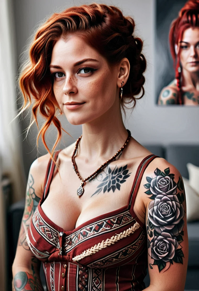  Portrait of a beautiful Norwegian woman , and,  big boobs,  intricate dress , soft smile, natural lips,  long red hair with shaved sides , sidecut hair, some braids and some dreads ,  brown eyes , rose tattoos like a necklace. realism,  digital painting ,  conceptual art, suave,  sharp focus,  rule of thirds, Psycho-Style