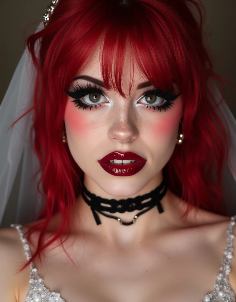 bright blood red hair, cute portrait of woman on her wedding day, latex wedding dress, red lip gloss, thick eyeliner flicks, kinky latex wedding dress, latex, shiny, eye contact, full lips, lip fillers, dark red lip gloss, shiny lips, glitter lips, latex choker