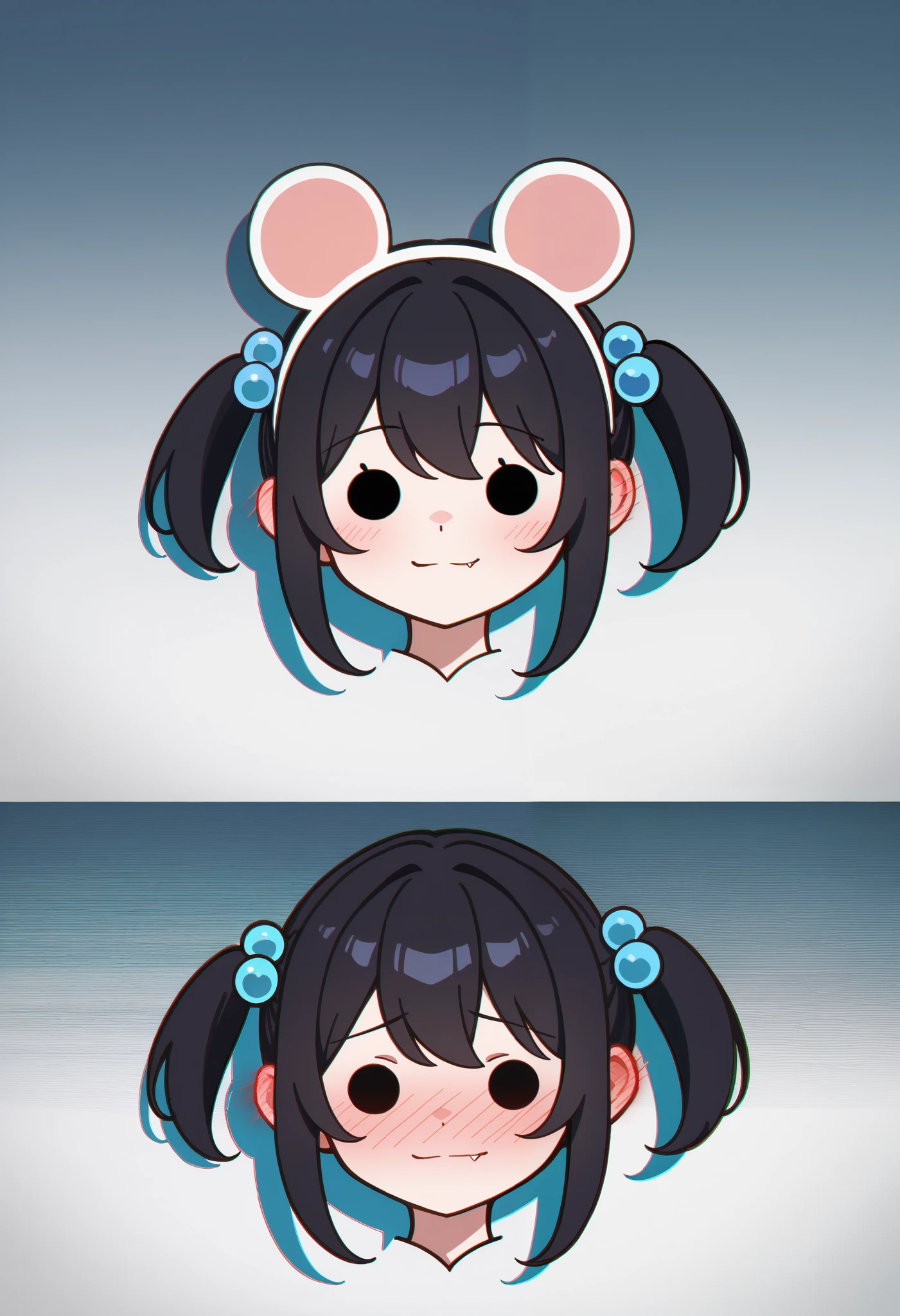 black hair, hair bobbles, wince, longeyelashes, solid circle eyes, fake animal ears, light smile, ear blush, fang, ccurate, Surrealism, drop shadow, anaglyph, stereogram, tachi-e, pov, atmospheric perspective, 8k, super detail, best quality