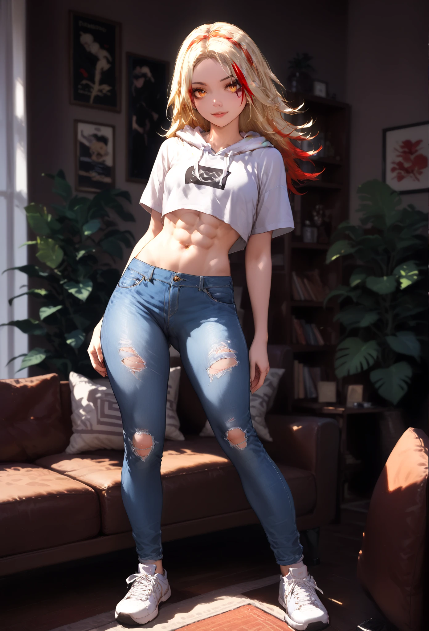 1girl, multicolored_hair, blond_hair,(blond_hair: 1.2), (red_hair_highlights: 1.5), piercing_amber_eyes, wearing_a_cropped_black_hoodie_with_flame_logo, toned_abs_visible, ripped_jeans, sneakers, standing_in_a_dorm_room_with_scattered_bags_and_laptops, casual_pose_with_one_hand_on_hip,leaning_against_couch, zoomed_on_girl, detailed_face_detailed_body, detailed_hands