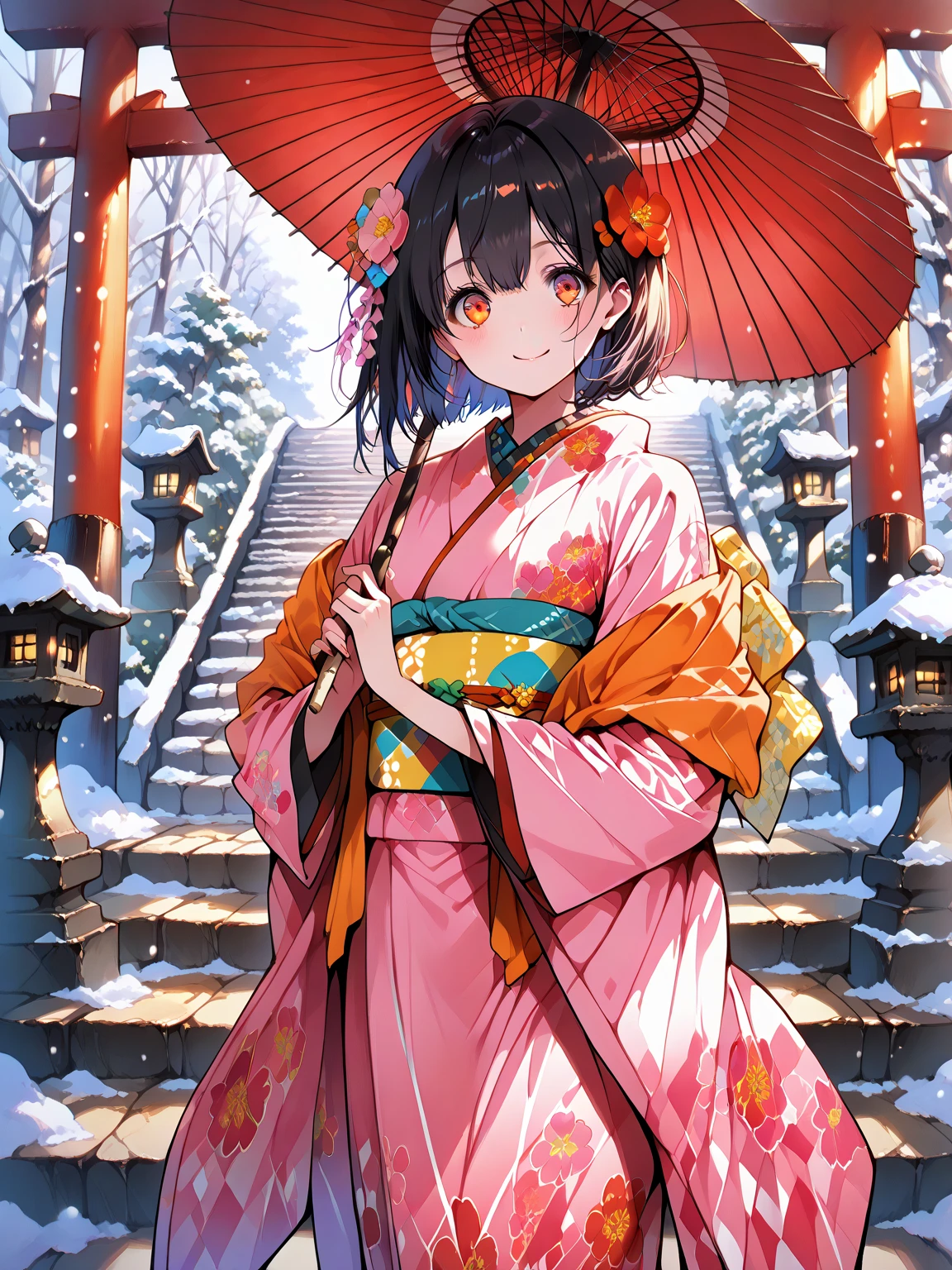 (masterpiece), best quality, expressive eyes,perfect face,((perfect anatomy, best hands)),1girl, solo, smile, a girl dressed in an eastern style and is holding an oil- umbrella standing at the front of torii in snowing winter,japanese, gorgeou shawl:1.2), kimono, (floral print:1.2), intricate prints, Furisode, fukuro obi, obiage, obijime, head Ornaments, hair flower, wide sleeves, long sleeves, colorful outfit, Shrine, a shrine in background, omainu, temizuya, stone lantern, stone stairs, (pink_sky:1.2),(sunrise:1.3),hand holding umbrella