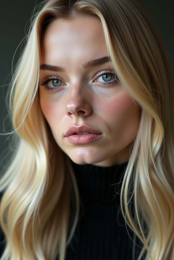 A close up of a woman with long blonde hair and a black top, digital ...