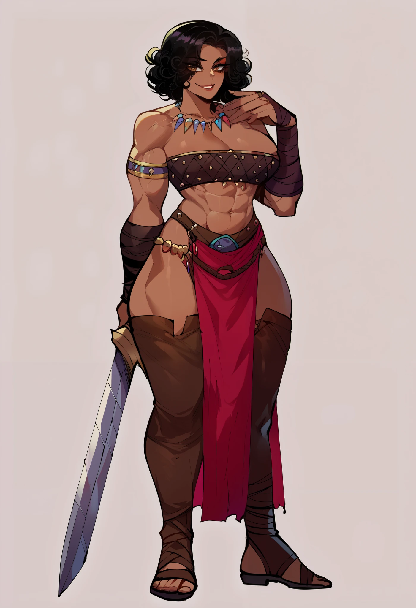 (score_9, score_8_up, seductive face, seductive expression), hyborean woman, warrior, barbarian, bronze skin, long curly black hair, hazel eyes, eyeliner, tall, amazonian, toned, fur bandeau bra, pelvic curtain, full lips, smile, feminine, wide hips, big massive breasts, Nyantcha Style, source_anime, Full body, Full body,