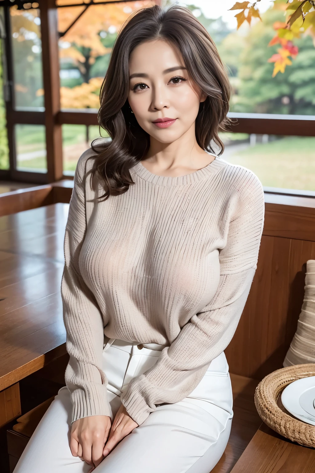 50 year old mature woman、japanese woman、sex appeal, sexy,fine skin、sterpiece、Beautiful breasts high quality、perfect writing、Super beautiful、facial high definition、Makeup is light、Beautiful butt high quality、Shining beautiful skin、Shining beautiful skin step piece、Transparent beauty、Goddess of Eros、photorealistic、smile、looking at the camera、whitening skin、masterpiece、wavy hair、Female friends、Pants Style、beautiful nipples、knitted clothes、Plump body shape