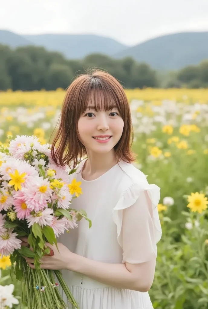 girl, Holding a knife, The shirt,big eye, Head Tilted, mushroom head with short brown hair, With a clear smile on his face, chara, quadratic element, Stand among golden flowers with rays overhead