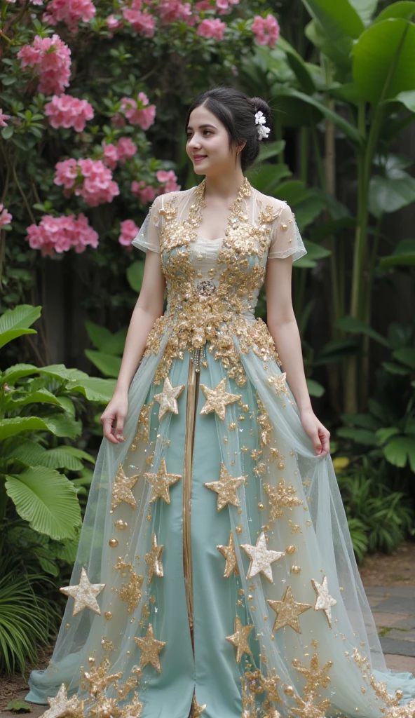 a close up of a woman in a dress standing in front of a flower arrangement, a portrait inspired by Zhang Yin, tumblr, baroque, wearing a dress made of stars, wearing a sparkling dress, queen of the sea mu yanling, full body xianxia, wearing long gown, youtube video screenshot, wearing a dress made of beads, magical dress