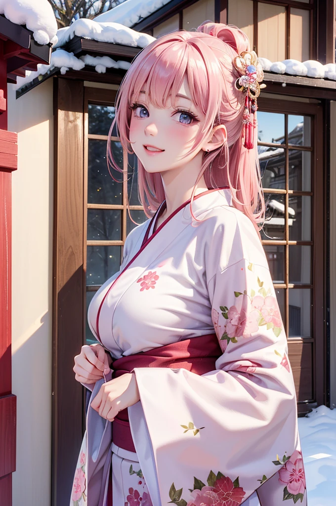 Very detailed CG Unity 8K wallpaper, Cute One lady, Mature pink hair、lady ,beautiful lady, pale skin (Super masterpiece, Beautiful person, well detailed face polluted smile, Photorealistic, hyper realisitic), Colorful winter kimono in pink and white colors、(white fur)、Japanese Style Hair Accessories、smile、Japanese background with light pink flowers and snow、Portrait、(pink eye)、(flat chest:1.6)、(Glowing Skin:1.7)、Detailed eyes、Big eyes、Open your mouth、Hide your arms、()、(pussy:1.3)