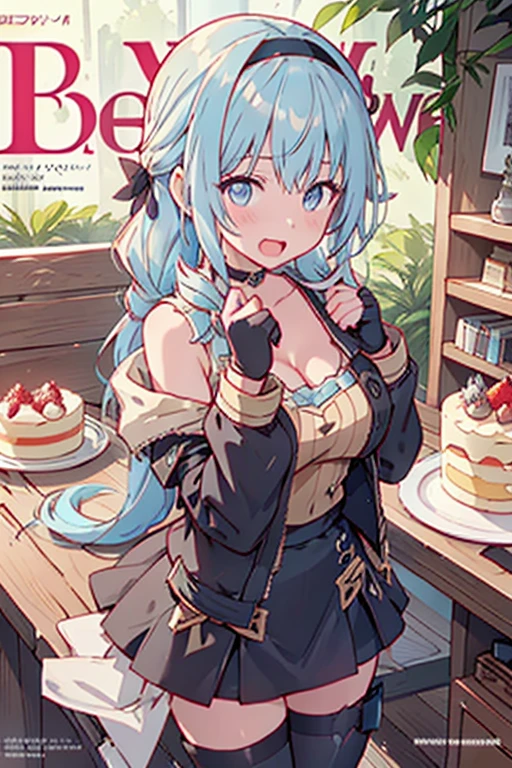 (small breasts:1.2), (perky chest:1.2), (pointed chest:1.2), (Pudding cake magazine cover:1.3),(from below:1.0),(shoot from the side:1.1),masterpiece, 1girl, Amazing Cleavage:1.1, thin waist, optimum,tmasterpiece,hight resolution,best qualtiy,hyper HD,super detailing,awardwinning,a 18yo cute girl,(The upper part of the body),anatomy correct,Beautiful Black miniskirt,garters,Gaze,Small face,bangss,holster,Beautuful Women,hands up,leg holster,Gaze,black boots,Cowboy Shot,cute face,a blond,Longhaire,Twin-tailed,Braids, Hairline,(scarlet eyes),long eyelasher,Hanging eye corners,White skin of the, ((see through camisole:1.1)), ((Sheer nipples:1.0)),Rocket Tits,(Slim body),smile,seductive weak smiling,(with sparkling eyes and a contagious smile),little open mouth, Looking at Viewer,