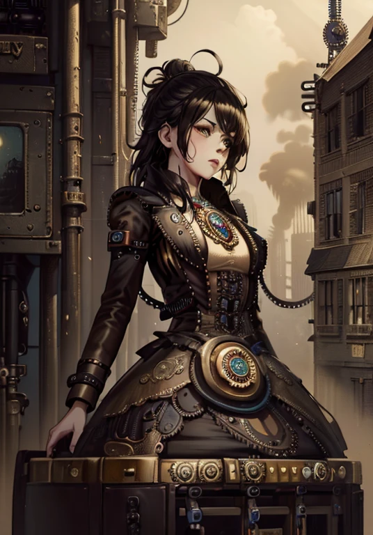 Surrealist steampunk Goddess of Industry. Beautiful young woman with intelligent expression and a grin on her face, light make-up, long wavy dark purple hair, dark grey eyes, dress made with gears and metallic pieces in bronze, silver and black, silver boots. Industrial background. Realistic ray traicing.