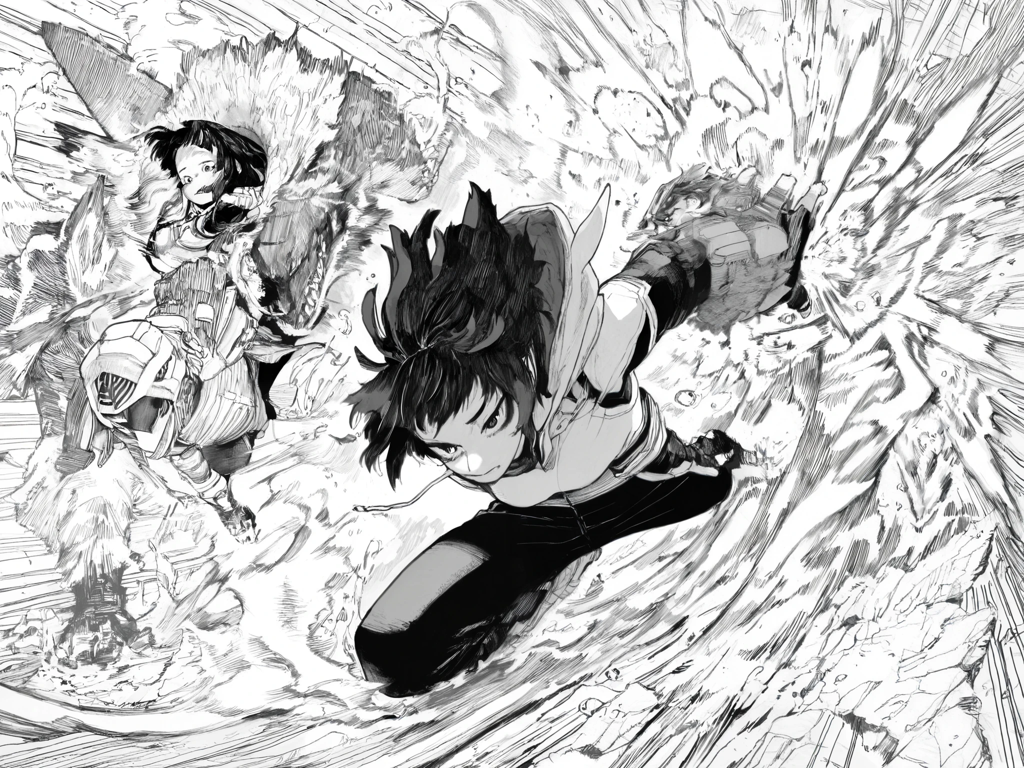 score_9, score_8_up, score_7_up, score_6_up, score_5_up, score_4_up, Kohei Horikoshi, My Hero Academia,
BREAK
(masterpiece: 1.0), best quality, monochrome, greyscale, crosshatching, directional hatching, gradients in shading, perfection, highly detailed hatching /texture/, extremely shaded
BREAK
ultra-detailed realistic manga \(medium\) (cinematic manga style), very awa, masterpiece, highres, absurdres, newest, year 2024, year 2023, ultra-detailed textures, (linear hatching, hatching \(texture\):1.1), ultra-detailed clothes, greyscale, monochrome, (masterpiece: 1.0), best quality, perfect anatomy, perfect composition, perfection, monochrome, greyscale, detailed hatching, directional hatching, contour hatching, thick outlines
BREAK
1girl, Asians, dynamic pose, foreshortening, shark finned gauntlets, shark finned hoodie, mask, action poses, black hair, 