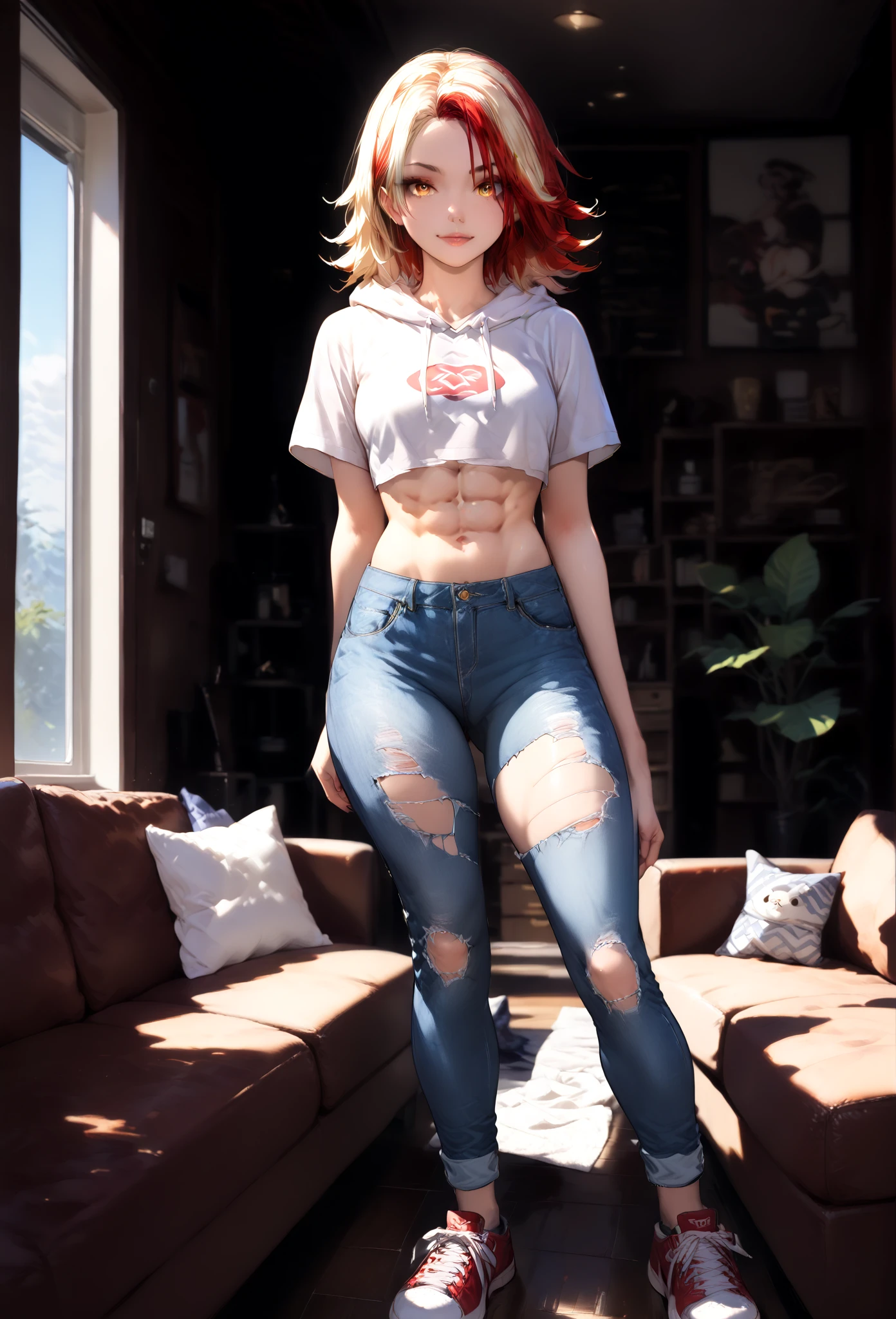 1girl, adult,  multicolored_hair, blond_hair,(blond_hair: 1.2), (red_hair_highlights: 1.5), piercing_amber_eyes, wearing_a_cropped_black_hoodie_with_flame_logo, toned_abs_visible, ripped_jeans, sneakers, standing_in_a_dorm_room_with_scattered_bags_and_laptops, casual_pose_with_one_hand_on_hip,leaning_against_couch, zoomed_on_girl, detailed_face_detailed_body, detailed_hands