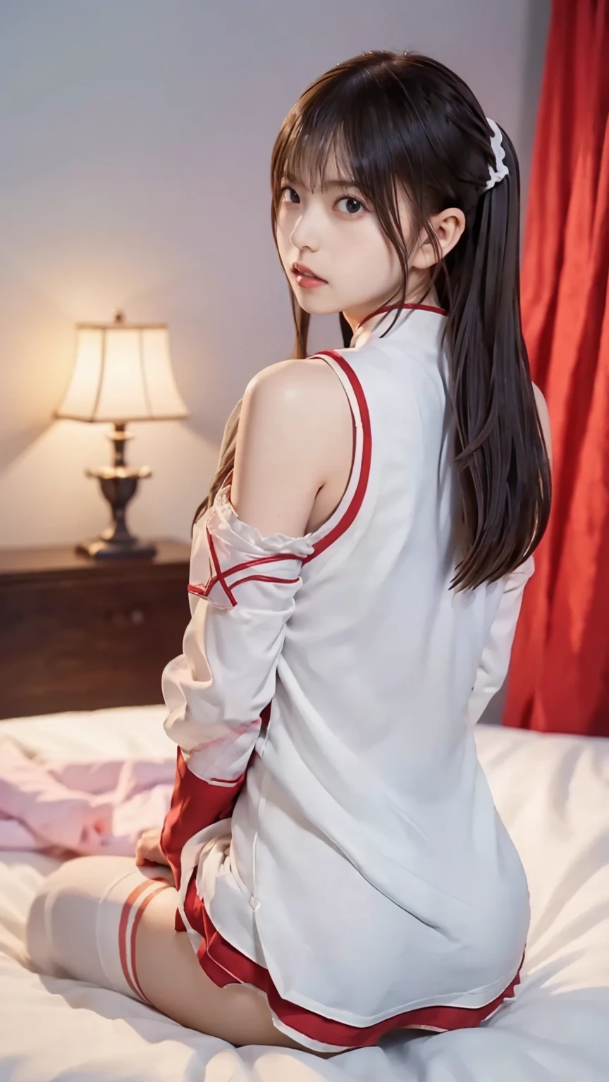 ( on the bed:1.4),Ass,(Taken from behind ),( adult woman:1.3), No makeup, realistic skin,pores,real human skin,detailed skin, perfect body,slouch,Hotel Bedroom,  long hair,Slim body, slender body ,((Age 30):1.4),  bun hair , armor, breastplate, White sleeves,  Split Sleeves, dress,  red skirt ,  Pleated Mini Skirt, ,小さいAss, white knee-highs,( Full Body Portraits ), top quality ,  RAW photos,  realistic,  high res,  Details, Very  Details, extremely  Details eye and 顔,  sharp pupils, Sharp Focus ,( cinematic lighting ),( Yuki Asuna's uniform:1.5),(Saito Asuka:1.4),