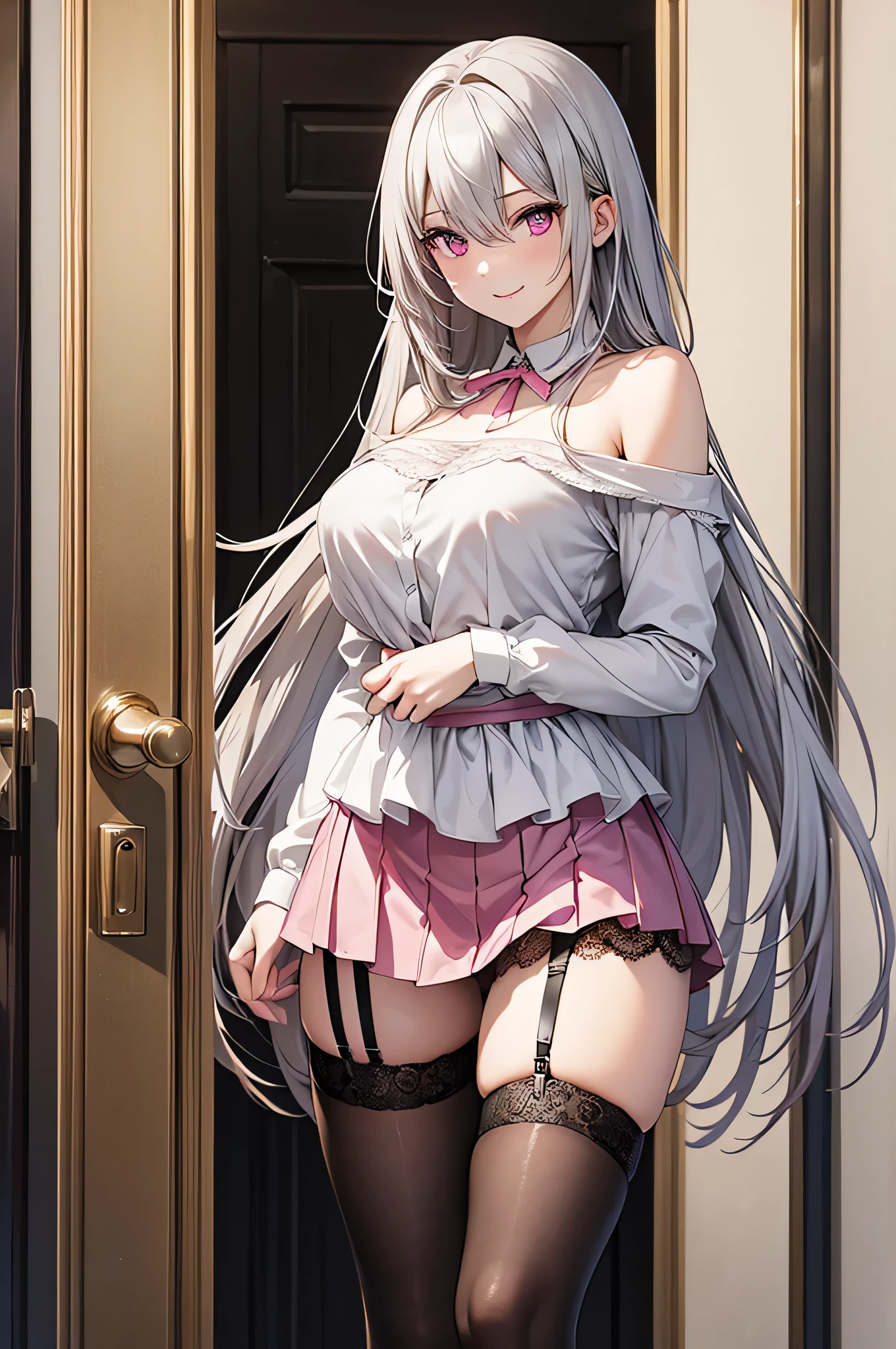 8k resolution,(( top quality )),Super high resolution,Adult female, Alone, sexy, ( gentle smile), (Pink eyes), beautiful symmetrical face , ( silvery long hair), off shoulder shirt, Lace Skirt , realistic:1.4, realistic:1.4,( masterpieces at the front door of the house :1.2), perfect eyes, perfect eyes, anatomically correct human body being violated at the same time,Tempting,Perfect thighs, garter belt, stockings