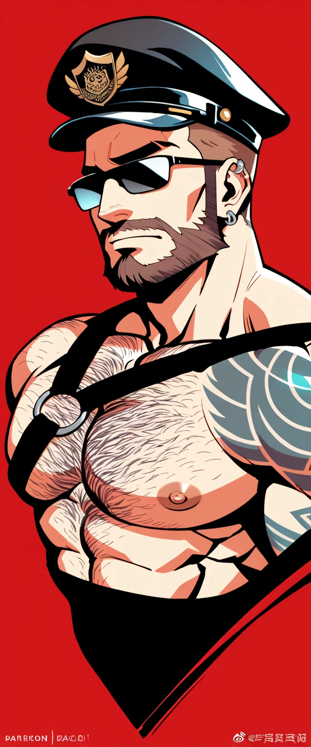 a bearded tattooed muscle cowboy with  angel black wings  posing,  SFW,  muscular man,  Perfect anatomy ,  balanced anatomy ,  hairy,  big breast, BDSM costume , leather kepi hat, Sunglasses,  black thong,black harness , big crotch, lewd expression,  muscular,  short haircut, bearded,  brown hair , piercings,  angel black wings ,  red background ,  high resolution, high quality, Masterpiece.