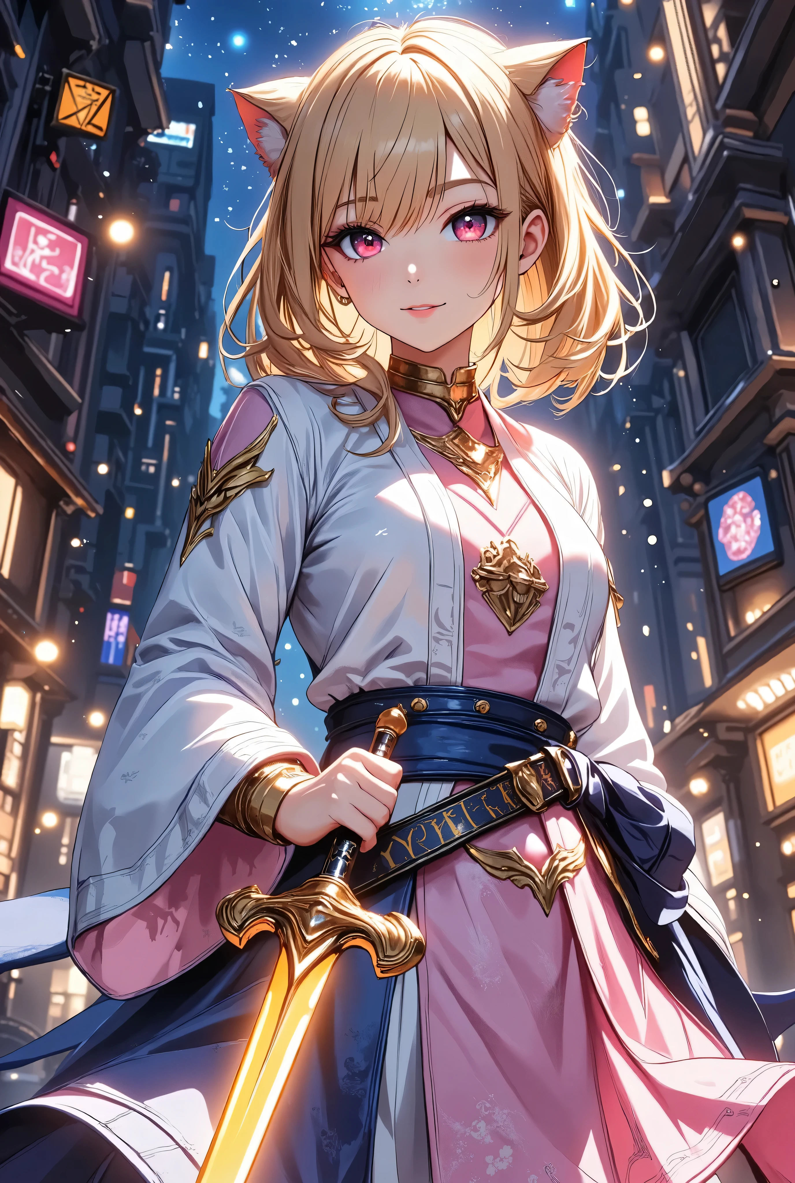  1 girl　+Master Swordsman　+ hold the sword　+Overwhelm Enemies 　+ninja　+Sengoku Warlord Armor　+The big picture　+Yellow Hair　+The dignity of the general　+Glossy tanned skin　+Magical sword that glows orange、
Battlefield　+ Night Sakura　+ Sword Effects