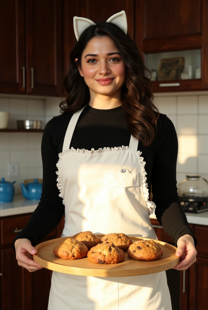 Generate a sharp, photorealistic image of Tamannaah in a cozy, sunlit kitchen. She wears a black long-sleeve shirt under a white apron with ruffled edges and a front pocket, holding a wooden tray of freshly baked goods. Natural sunlight illuminates the scene, casting gentle shadows. The kitchen features dark wood cabinets, white tiles, and blue teapots. Tamannaah has dark, loosely waved hair and wears a white cat ear headband. She stands with a confident pose, exuding joy and contentment from her baking. The image should have hyperrealistic textures, flawless skin, and consistent lighting. Invoke LORA tamanna to accurately portray her features. Avoid distortions, artifacts, or blurriness.