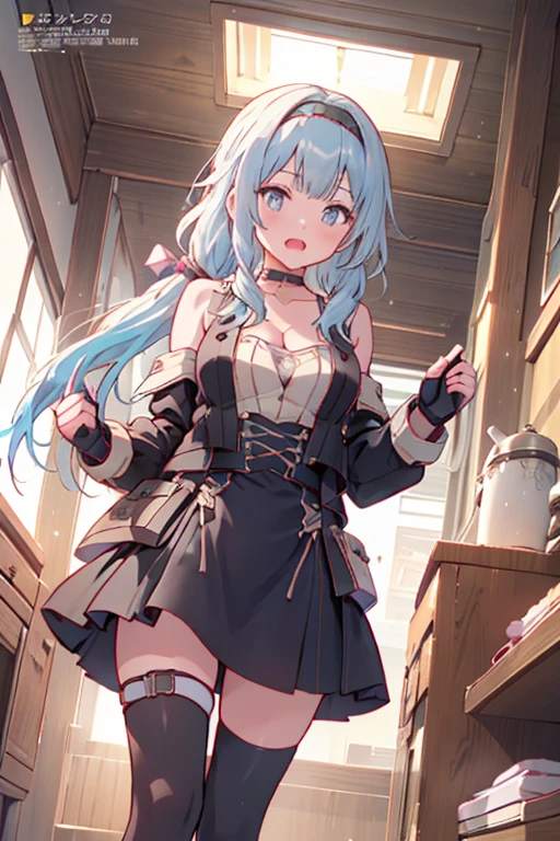 Anime - Stylized image of a woman standing on a bed in her pajamas, Lori huge breasts cleavage，Blue Sparrow，wearing a baggy pajamas, wearing pajamas, from girls frontline, girls frontline style, Marin Kitagawa fanart, Fine details. Girl Front, pyjamas, full body portrait of a short!, small curvaceous loli, Kantai collection style, anya from spy x family, anime moe art style