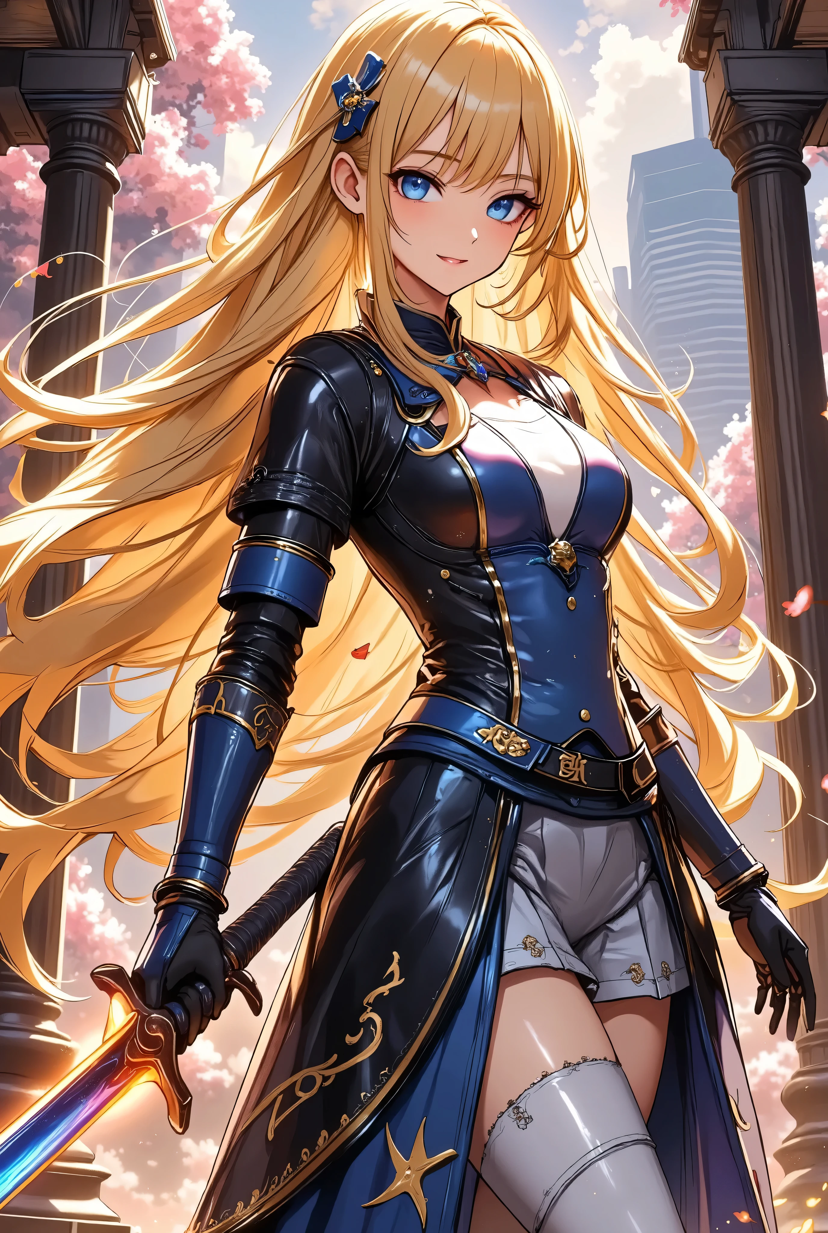  1 girl　+Master Swordsman　+ hold the sword　+Overwhelm Enemies 　+ninja　+Sengoku Warlord Armor　+The big picture　+Yellow Hair　+The dignity of the general　+Glossy tanned skin　+Magical sword that glows orange、
Battlefield　+ Night Sakura　+ Sword Effects