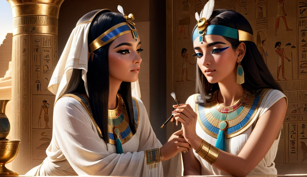 A scene from ancient Egypt with a woman applying kohl to her eyes, dressed in traditional linen garments with a royal headdress. The setting includes Egyptian hieroglyphs and luxurious jewelry, with sunlight casting over an ornate vanity.