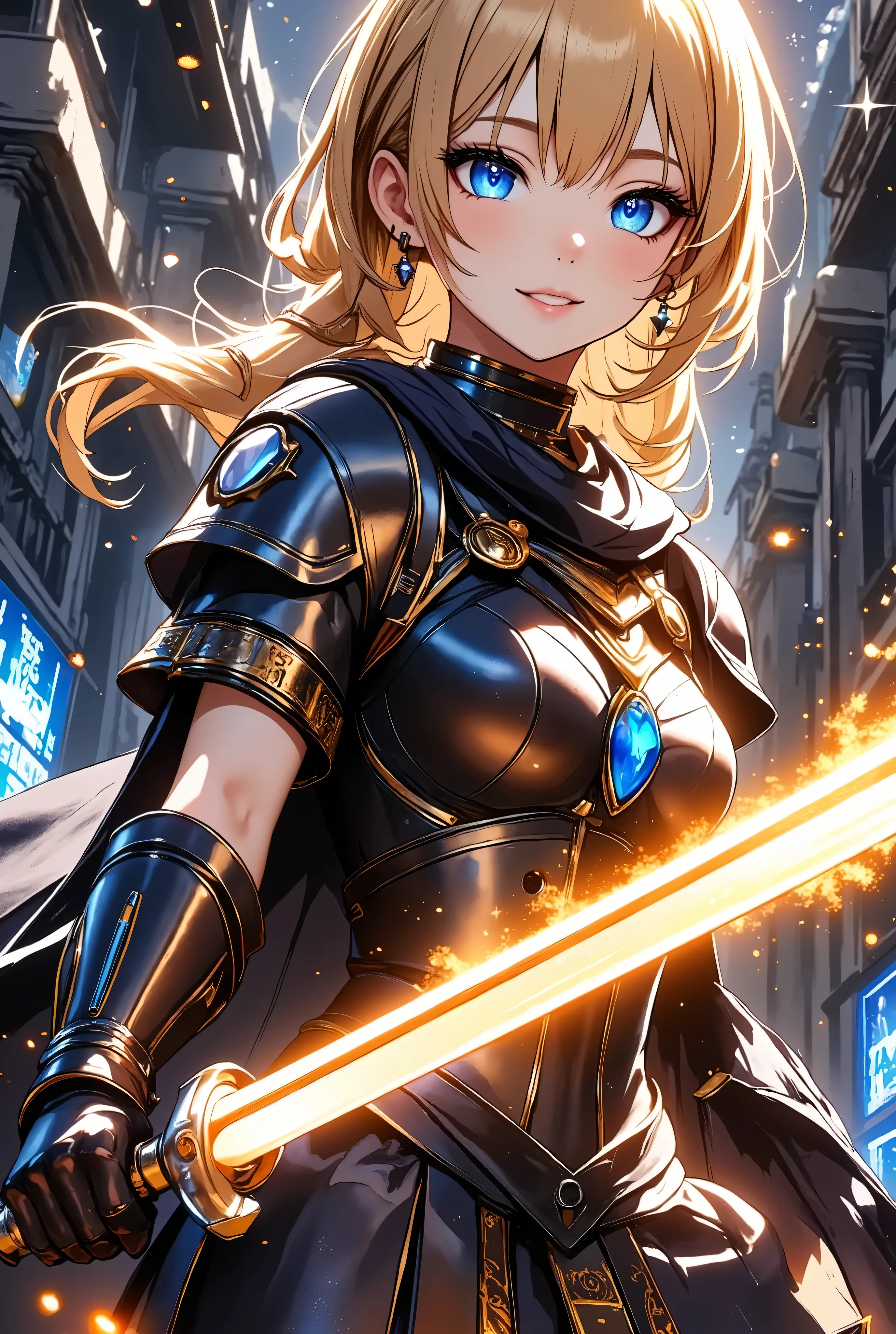  1 girl　+Master Swordsman　+ hold the sword　+Overwhelm Enemies 　+ninja　+Sengoku Warlord Armor　+The big picture　+Yellow Hair　+The dignity of the general　+Glossy tanned skin　+Magical sword that glows orange、
Battlefield　+ Night Sakura　+ Sword Effects