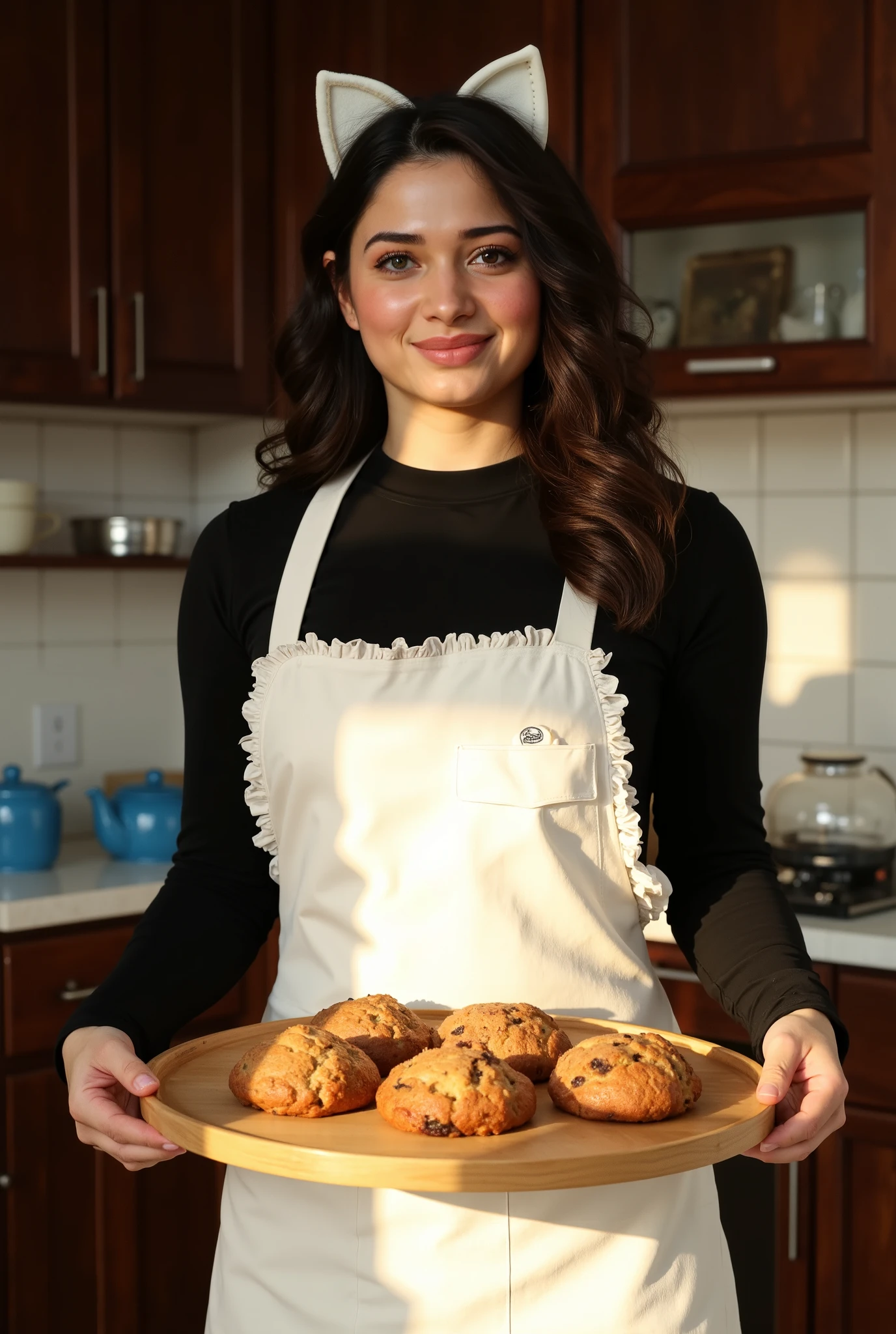 Generate a sharp, photorealistic image of Tamannaah in a cozy, sunlit kitchen. She wears a black long-sleeve shirt under a white apron with ruffled edges and a front pocket, holding a wooden tray of freshly baked goods. Natural sunlight illuminates the scene, casting gentle shadows. The kitchen features dark wood cabinets, white tiles, and blue teapots. Tamannaah has dark, loosely waved hair and wears a white cat ear headband. She stands with a confident pose, exuding joy and contentment from her baking. The image should have hyperrealistic textures, flawless skin, and consistent lighting. Invoke LORA tamanna to accurately portray her features. Avoid distortions, artifacts, or blurriness.