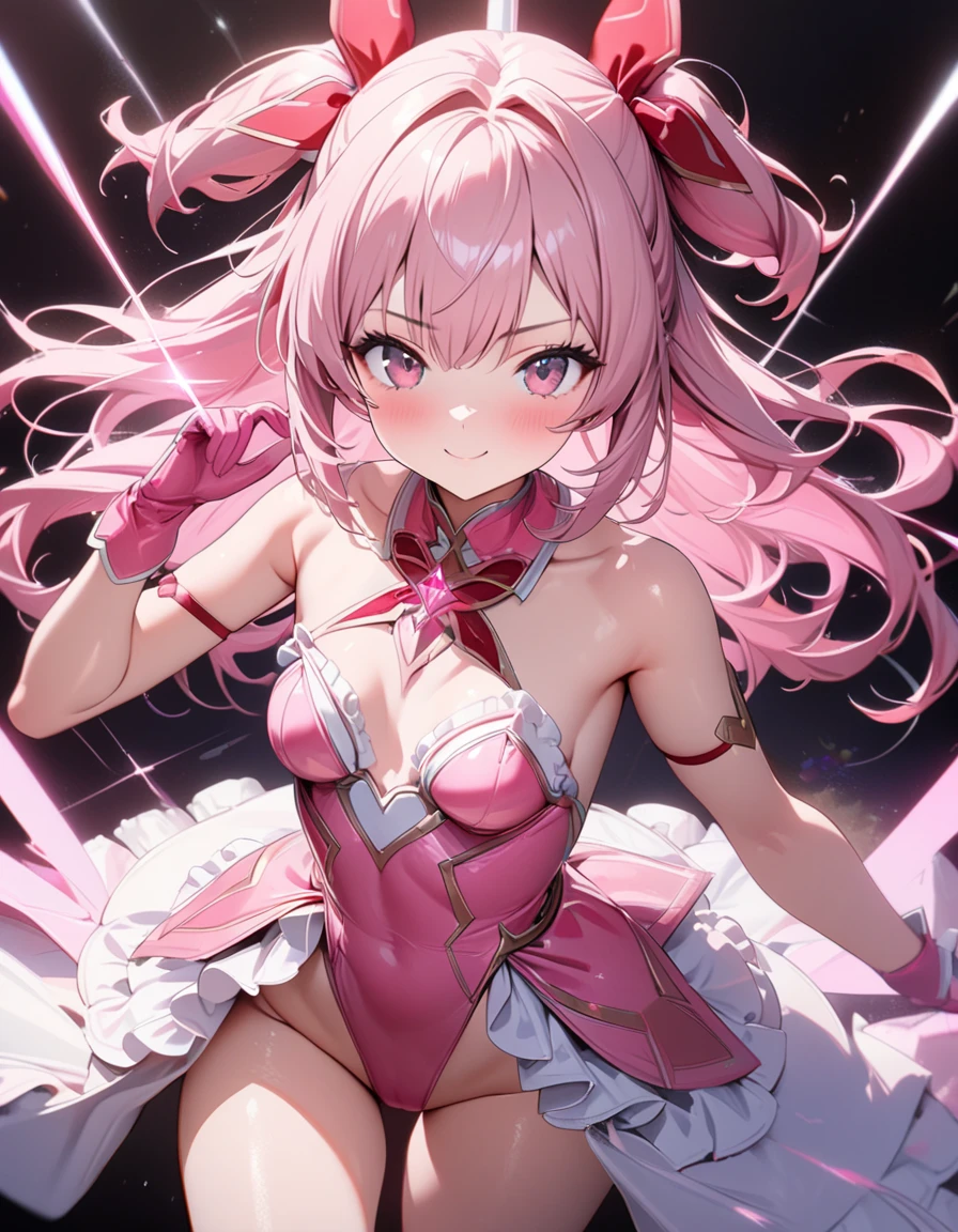 (Perfect Anatomy)、Mastepiece、Ultra High Quality、 8K、masterpiece、Highest quality、Ultra-high resolution、Maximum resolution、Very detailed、Professional Lighting、anime、woman、thin、so beautiful、Highly detailed eye、Highly detailed face、Golden earrings、Pink Hair,、Pink eyes、Mid-chest, pink lips, upper arm pink armor, white leotard, pink pattern, full body, magical girl, Angel Girl, Are standing, pink thigh high stockings, white super long boots, pink gauntlet, high heels, hime cut, bridal hair accessory, {best quality}, {very aesthetic}, {ultra-detailed}, {best illustration}, nsfw, Nude, girl, restrained, tentacle, private room