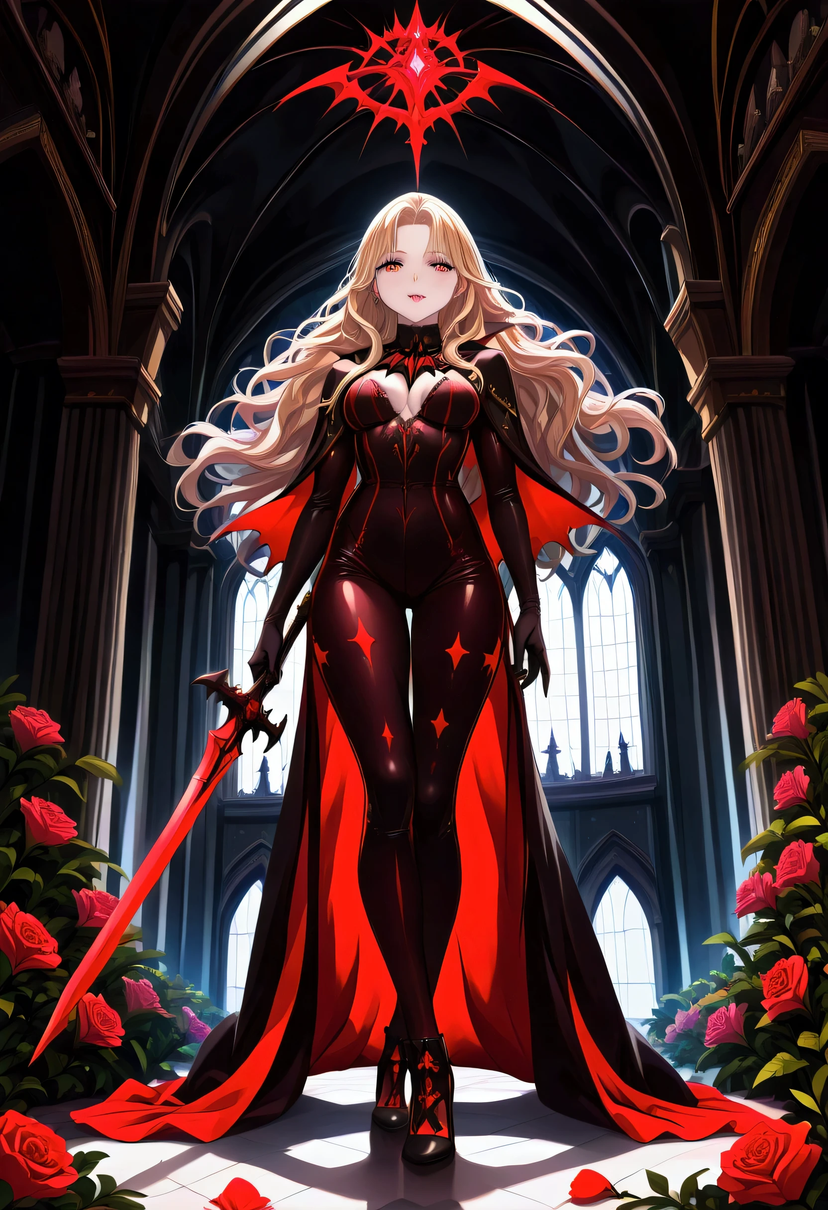 Dark fantasy art, fantasy art, goth art, a picture of a female vampire (masterpiece, best quality: 1.3), exquisite beauty, full body shot (masterpiece, best quality: 1.3), delicate face (masterpiece, best quality: 1.3), vampire fangs,  dark glamour shot, pale white skin, blond hair, long hair, wavy hair, (glowing grey: 1.3) eyes, she wears a (red: 1.3) red tight suit, she holds a sword in hand, (masterpiece, best quality: 1.4) , the roses are imprinted on the suit (black: 1.4) black roses, high heels, dark castle, dark, Cinematic Shot, intricate details