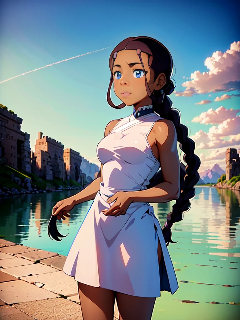 masterpiece, Best quality, teenager ((Katara)), tuned, dark skin, braid, jewel, looking at viewer, very short dress, very open dress, lifted dress, white dress, in the river, sun, reveal underwear , normal breasts, no shoes, shows white panties, (blue eyes: 0.6).