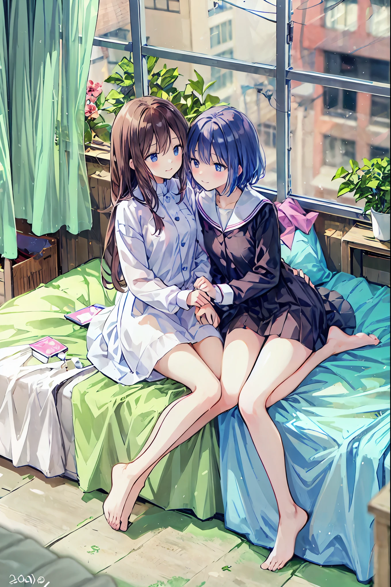 ( table top in bed)( HIGH DEFINITION )One couple in their 20s, woman1名、woman向けロマンス、Sparkling atmosphere、Glossy appearance、Devour each other as they please、Interview、 Sweating、maleがwomanの胸や体を触る、womanがmaleにキスをする、make、woman( brown medium long hair 、 slightly larger breasts 、 negligee 、近いeye)、Sweet Sigh、male( black hair short、Half-removed shirt、 legs 、Strong and close ~ eye)、background(room、 bed、Turn off the lights、I closed the curtains..)、The night deepens、dim、 brown hair, shortcuts, Unkempt Hair ,Short braided hair,Neat, slender beautiful woman,Correct posture,Small chest, Beautiful Legs,魅惑的なグレーブルーのeyeは星のように輝いている,垂れeye, brightly colored ,美しいeye,A delicate smile,Textured Skin, best quality best ,優しくて美しいwoman, anime style、