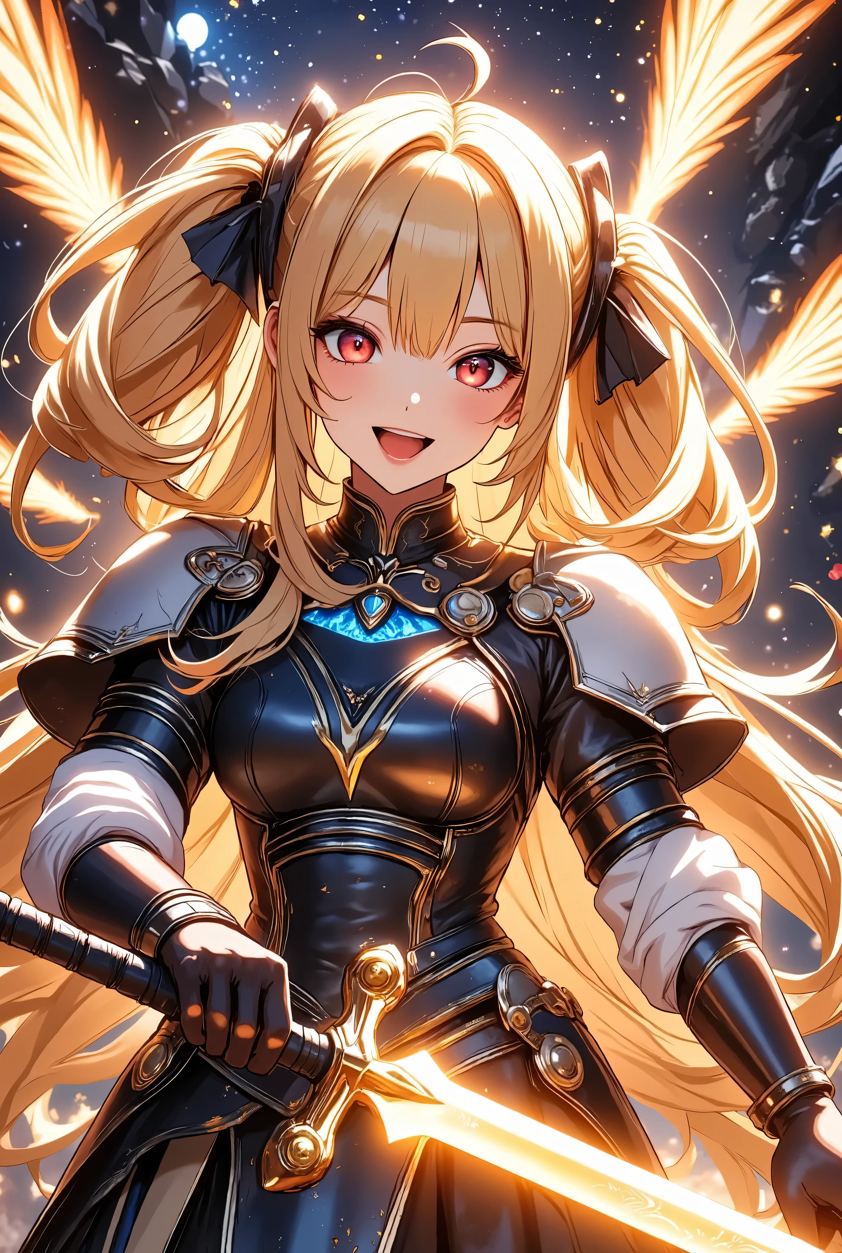  1 girl　+Master Swordsman　+ hold the sword　+Overwhelm Enemies 　+ninja　+Sengoku Warlord Armor　+The big picture　+Yellow Hair　+The dignity of the general　+Glossy tanned skin　+Magical sword that glows orange、
Battlefield　+ Night Sakura　+ Sword Effects