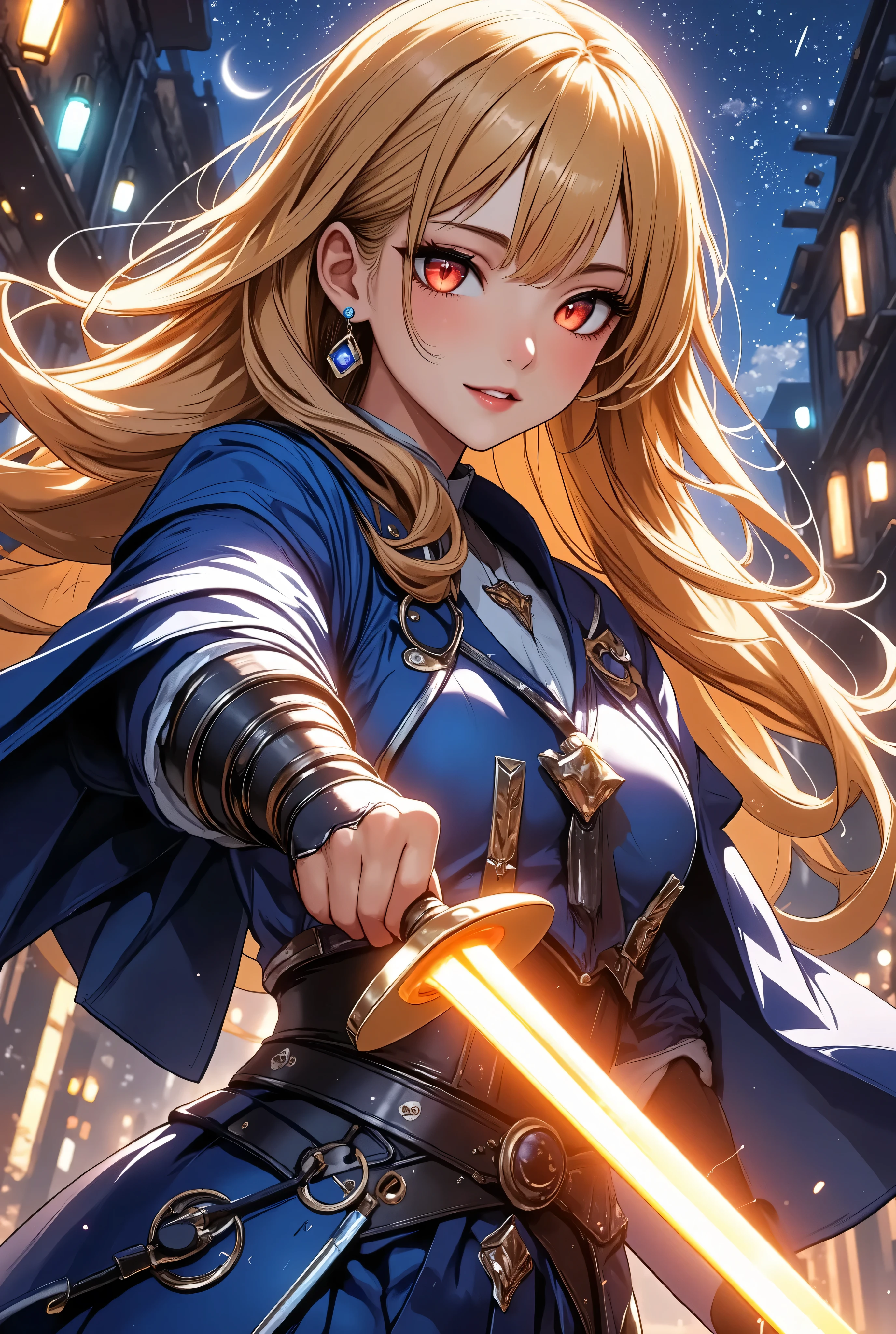  1 girl　+Master Swordsman　+ hold the sword　+Overwhelm Enemies 　+ninja　+Sengoku Warlord Armor　+The big picture　+Yellow Hair　+The dignity of the general　+Glossy tanned skin　+Magical sword that glows orange、
Battlefield　+ Night Sakura　+ Sword Effects