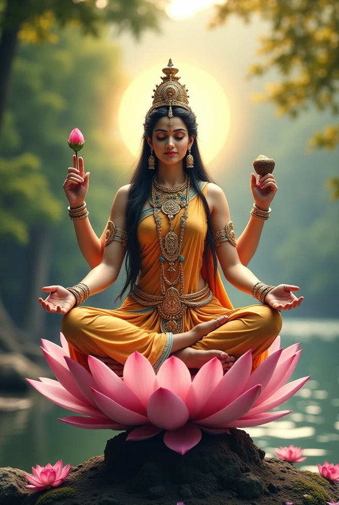 there is a woman sitting on a lotus with her hands in the air, indian goddess of wealth, hindu aesthetic, indian goddess, hindu god, hindu stages of meditation, hinduism, sitting on a lotus flower, indian god, standing gracefully upon a lotus, with lotus flowers, hindu art, goddess of love and peace, divine goddess, hindu gods, lotus